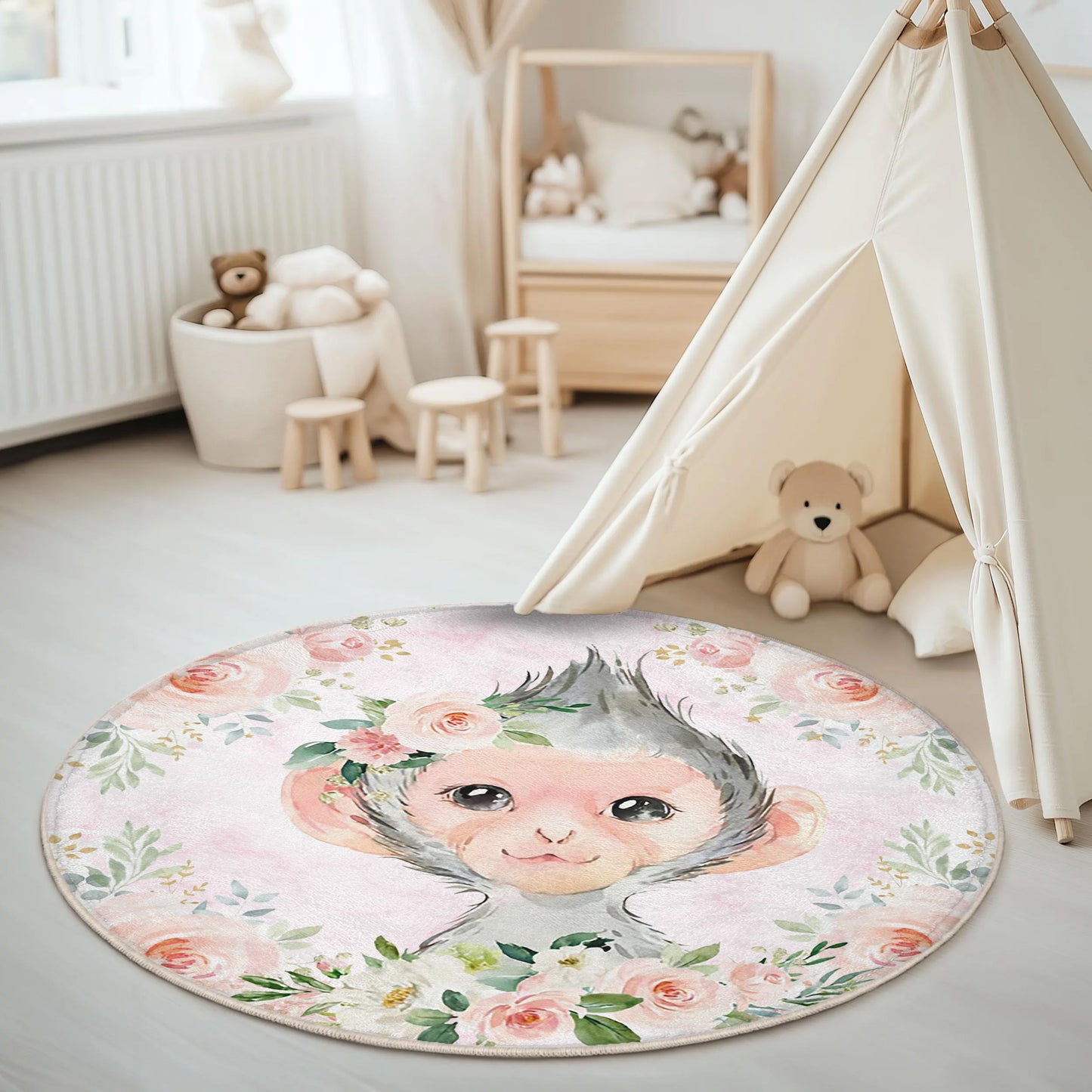 Baby Monkey Rose Floral Round Rug