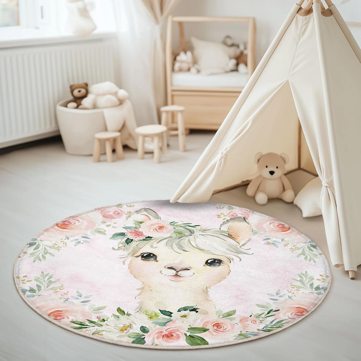 Baby Llama Rose Floral Round Rug