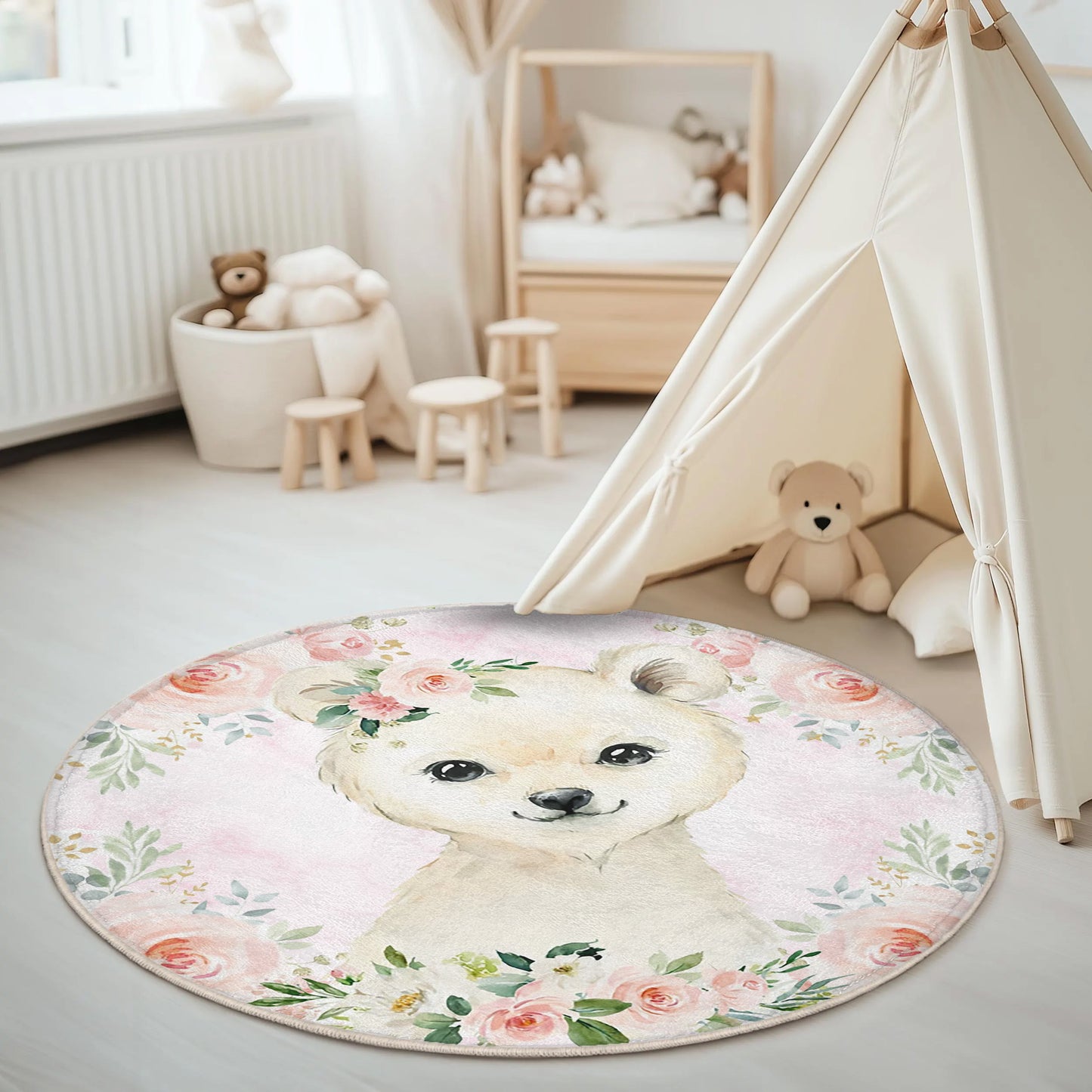 Baby Polar Bear Rose Floral Round Rug