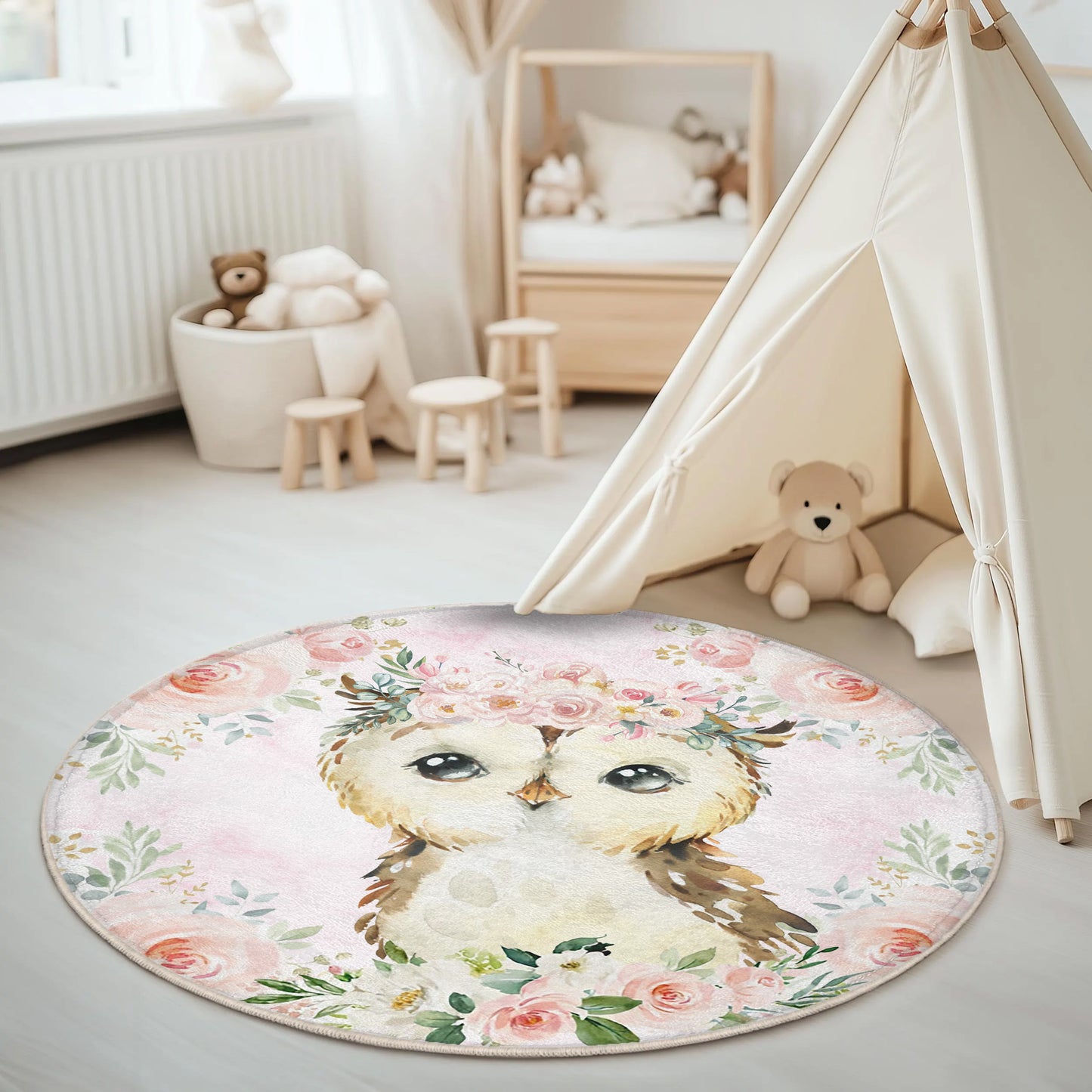 Baby Owl Rose Floral Round Rug