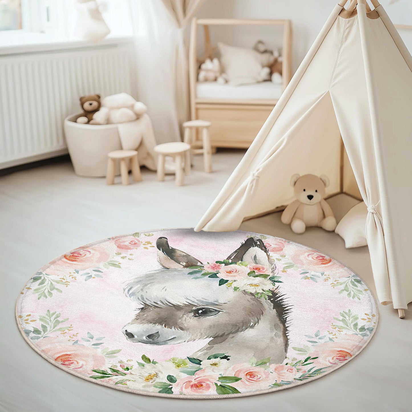 Baby Horse Rose Floral Round Rug