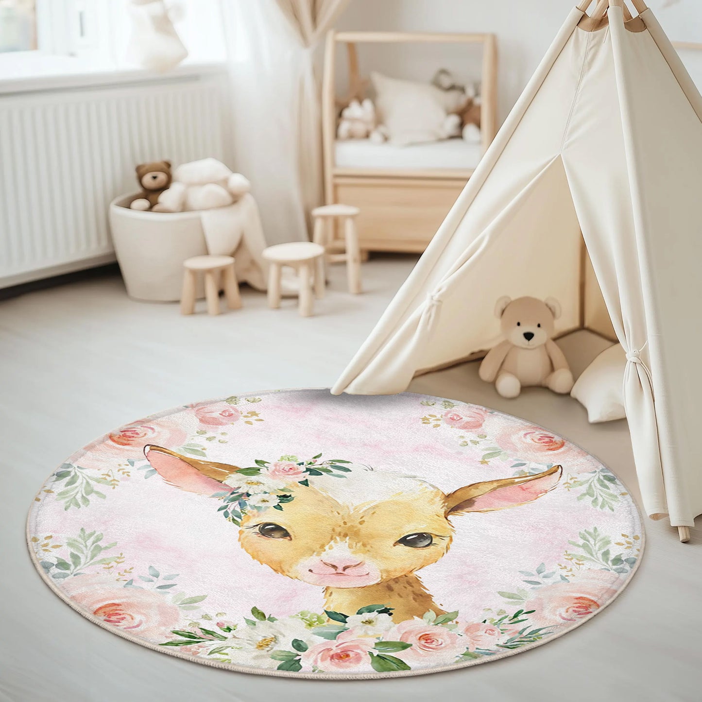 Baby Goat Rose Floral Round Rug
