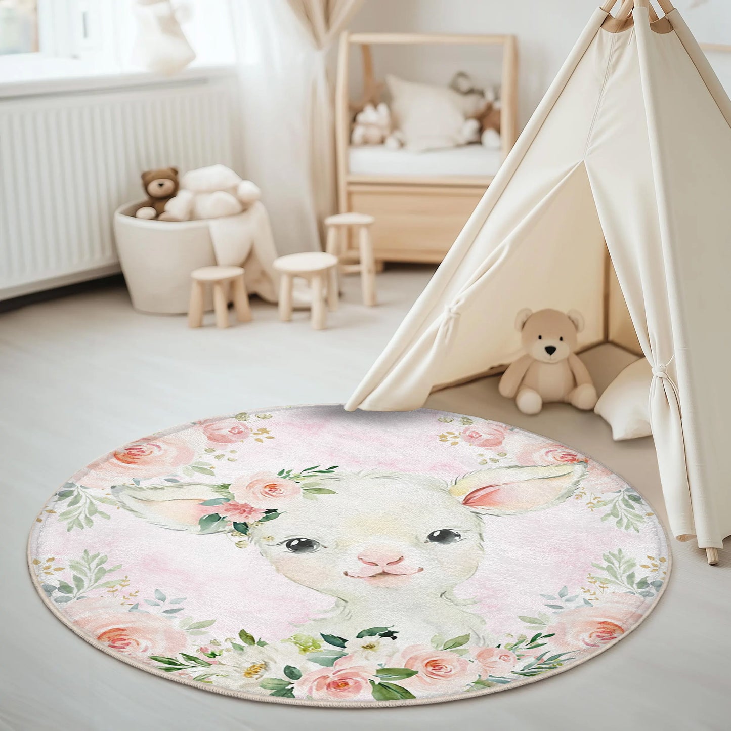 Baby Lamb Rose Floral Round Rug