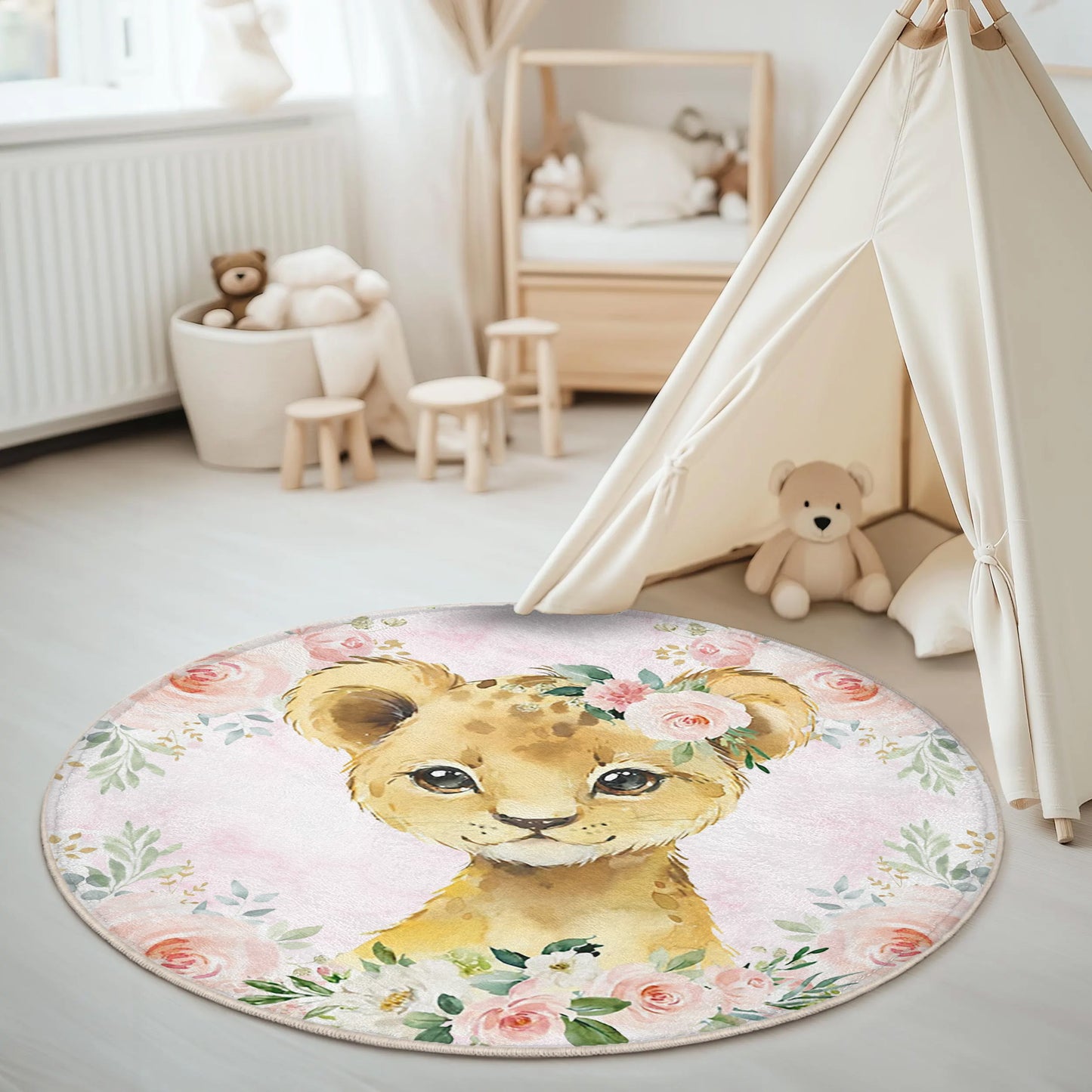 Baby Lion Rose Floral Round Rug