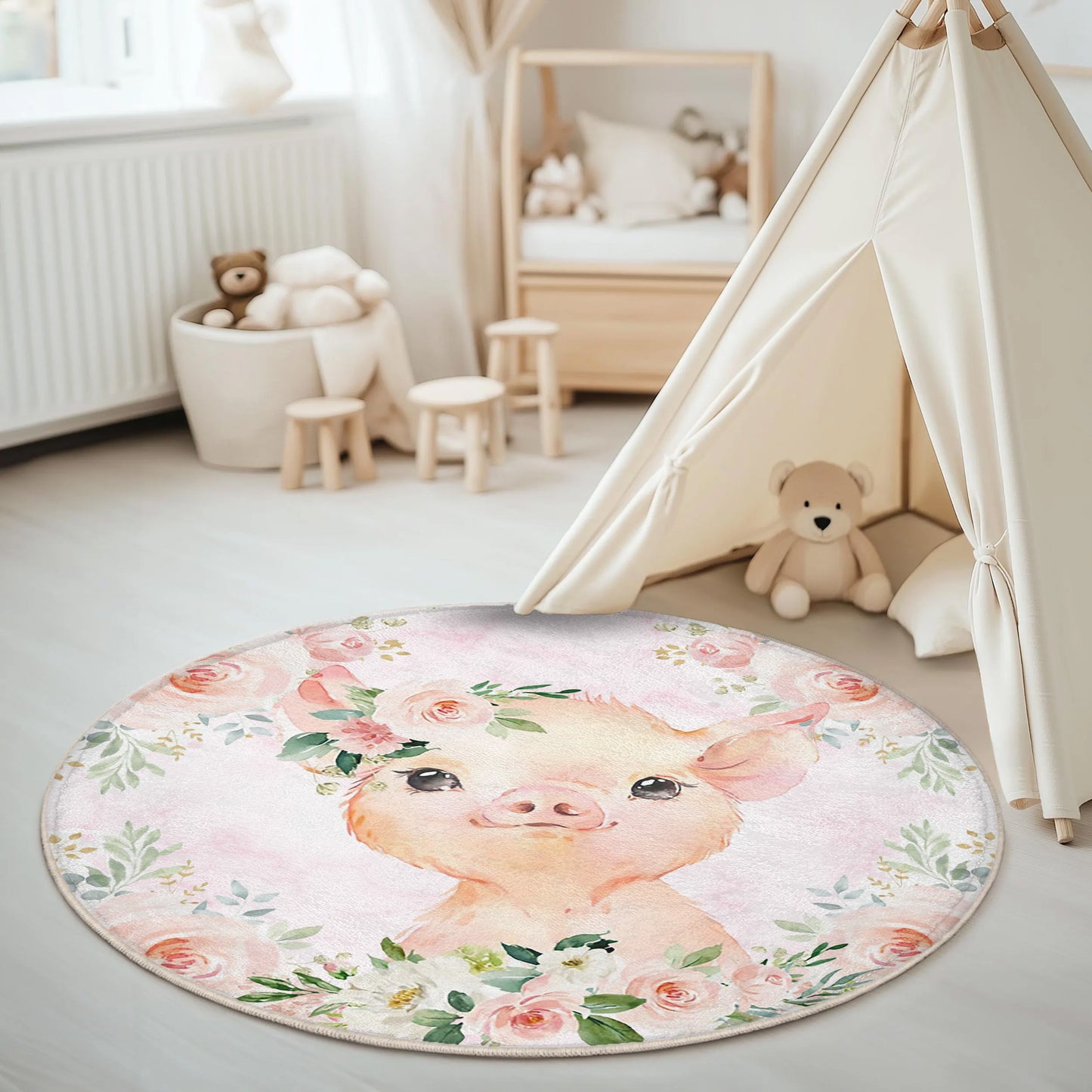 Baby Pig Rose Floral Round Rug