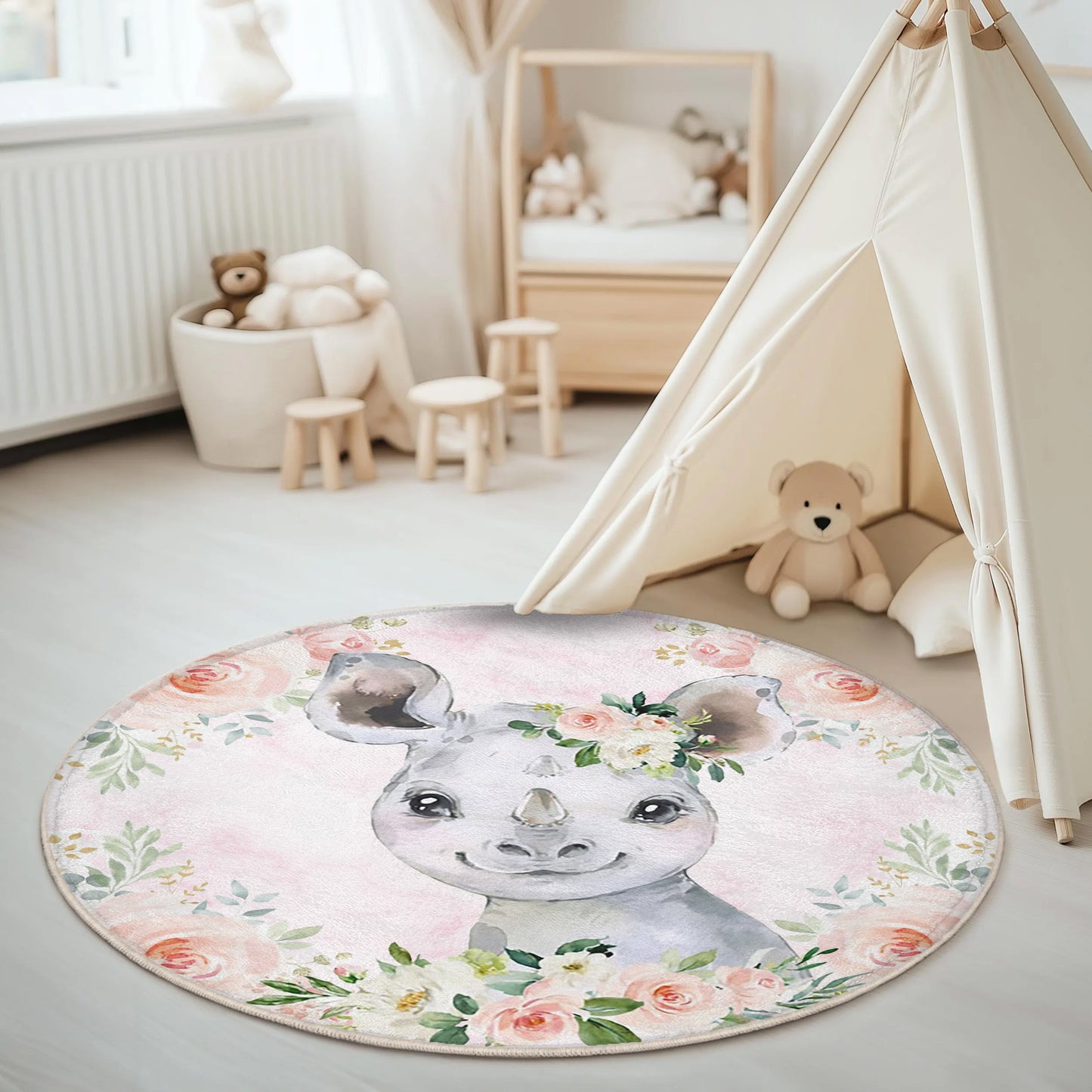 Baby Rhino Rose Floral Round Rug