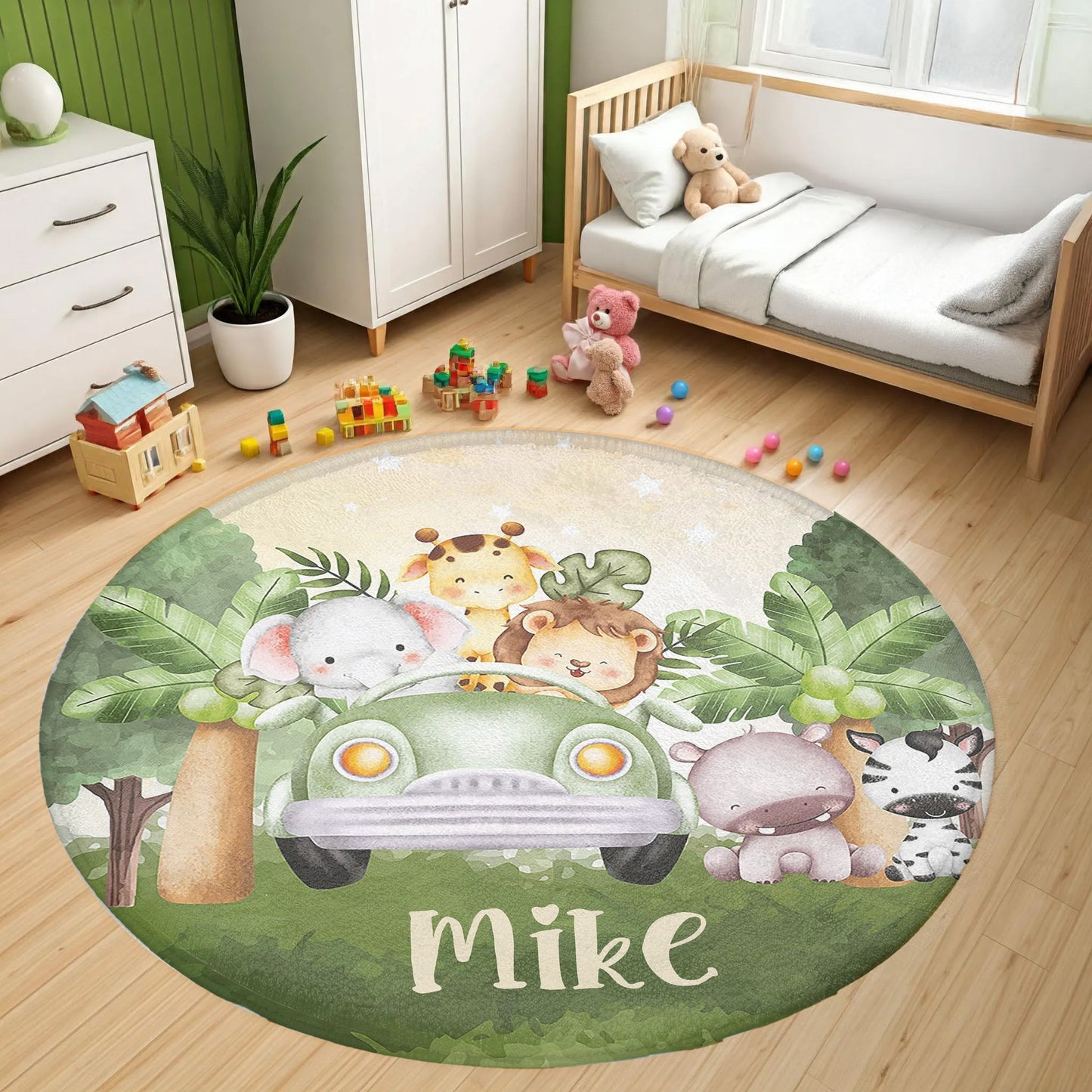 Safari Animals In Car Round Rug