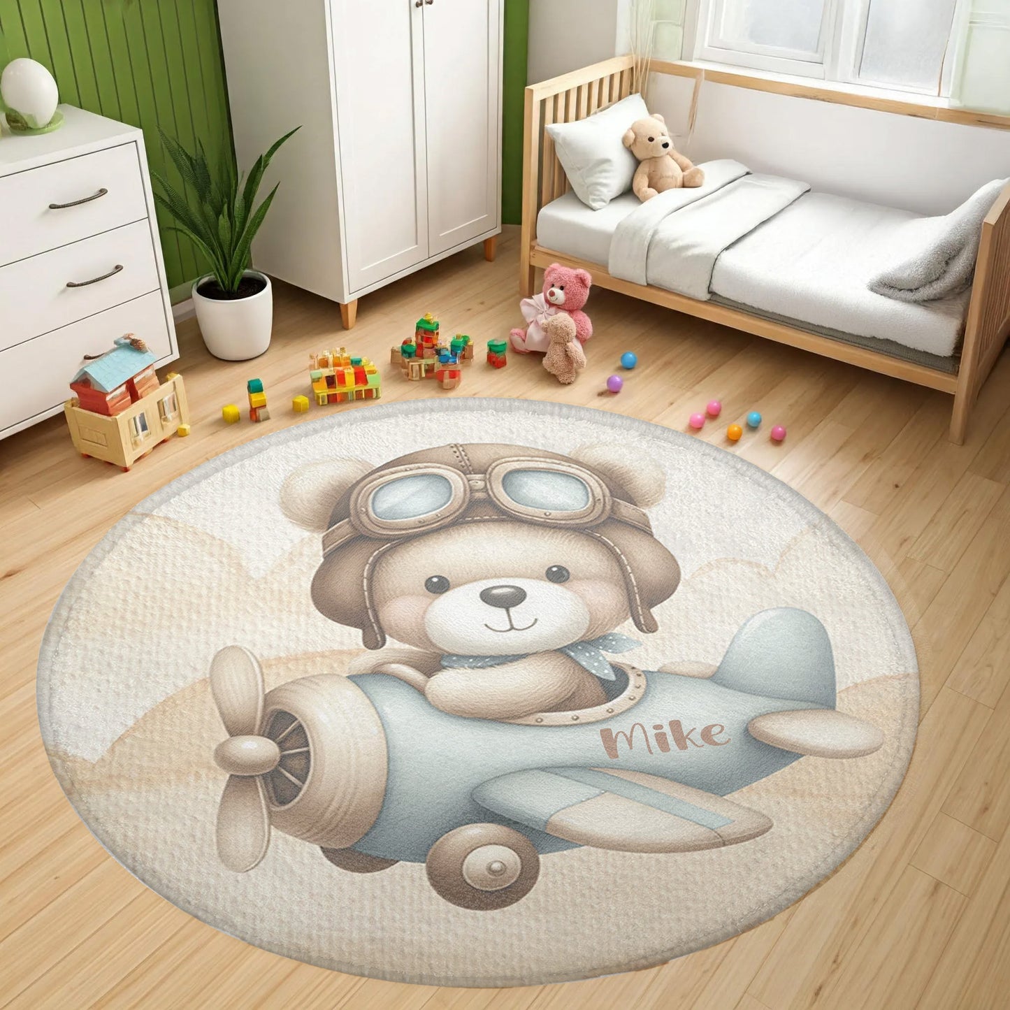 Pilot Bear On Plane Round Rug