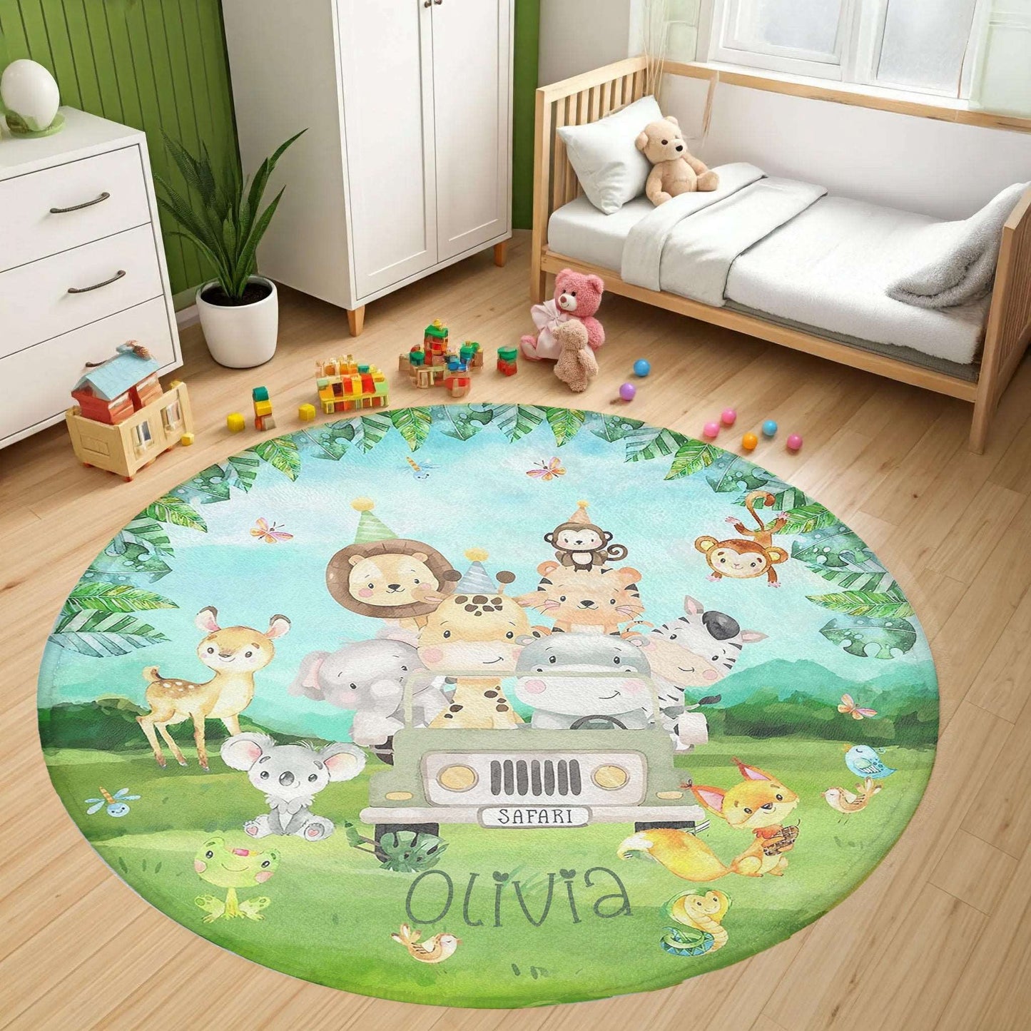 Safari Animals In Car Round Rug
