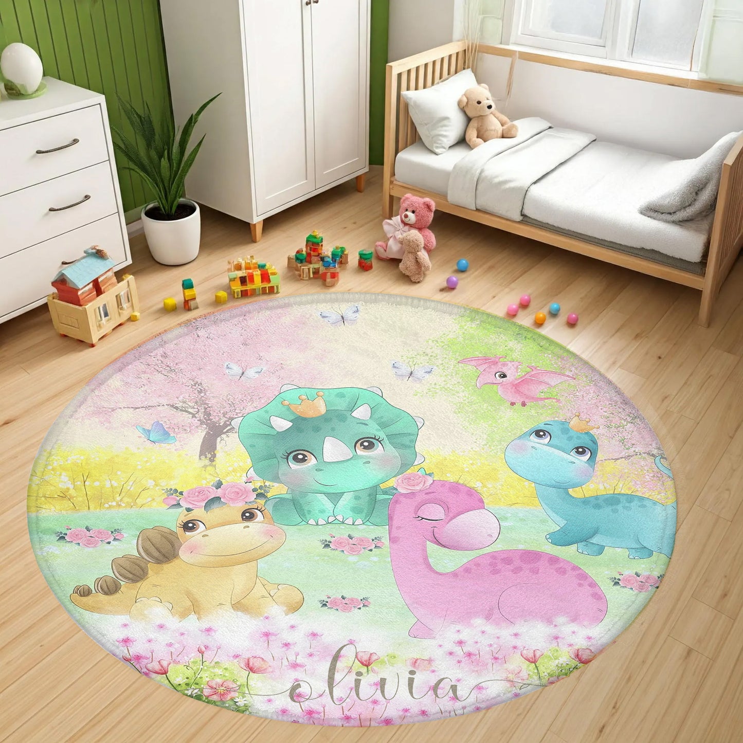 Dinosaurs Spring Floral Round Rug