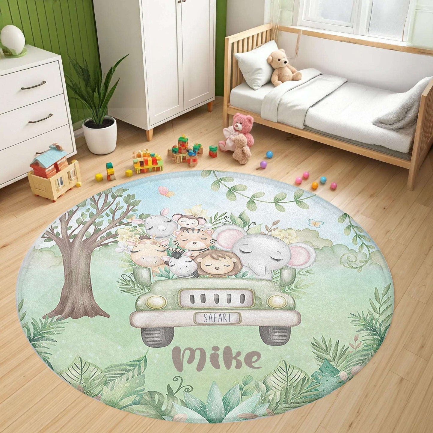 Safari Animals In Car Round Rug