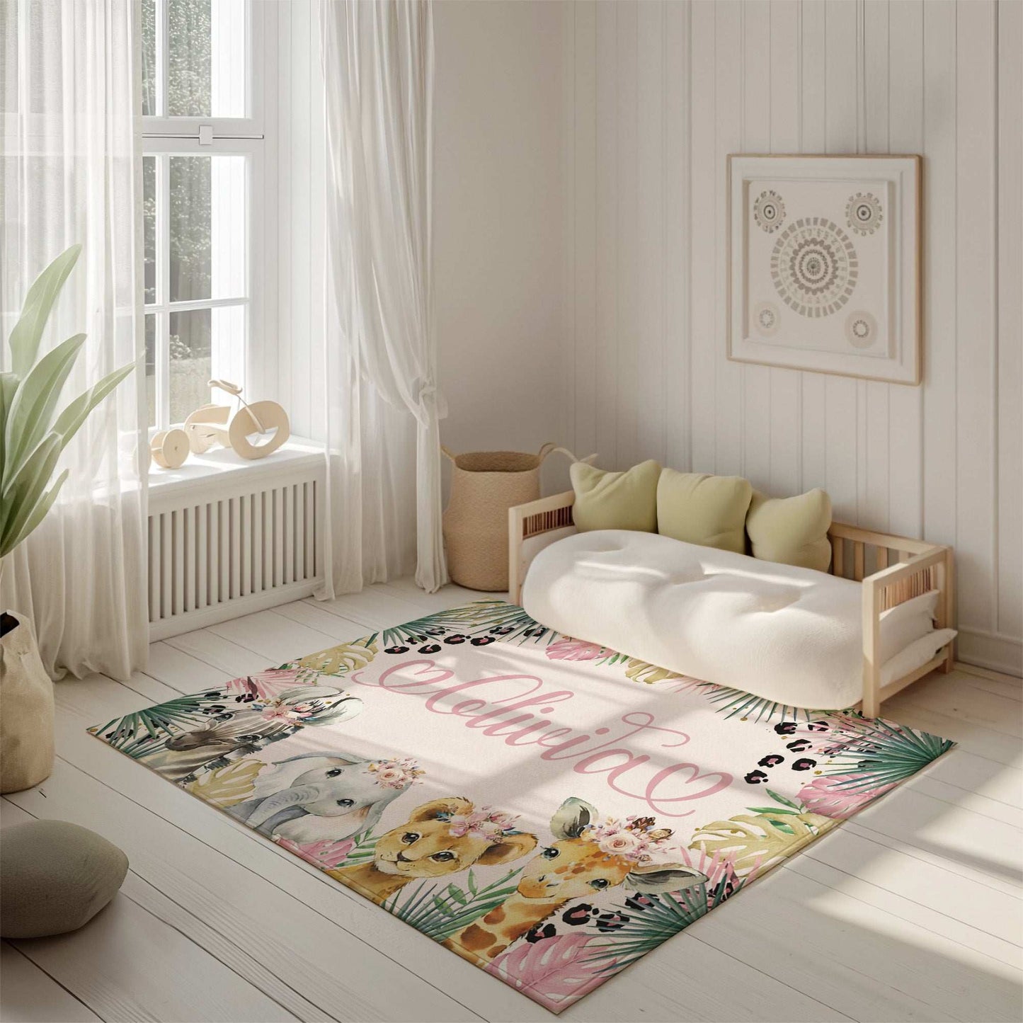Safari Animals Floral Nursery Rug
