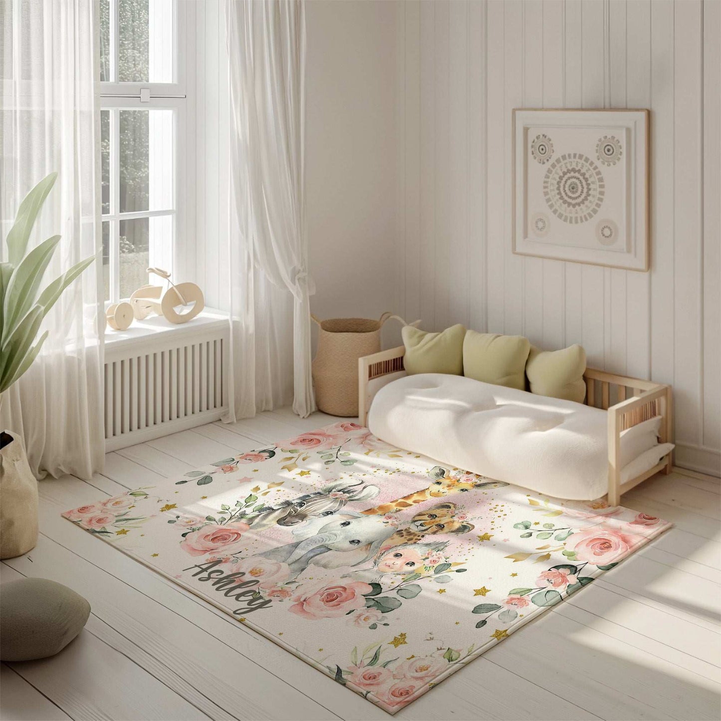 Safari Animals Rose Floral Rug
