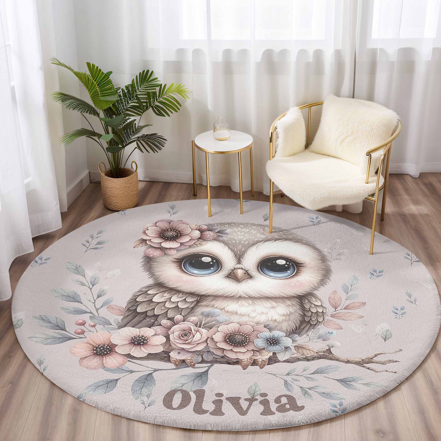 Spring Floral Owl Round Rug