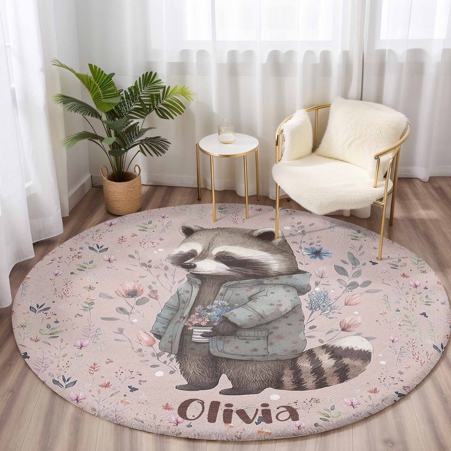 Floral Raccoon Round Rug