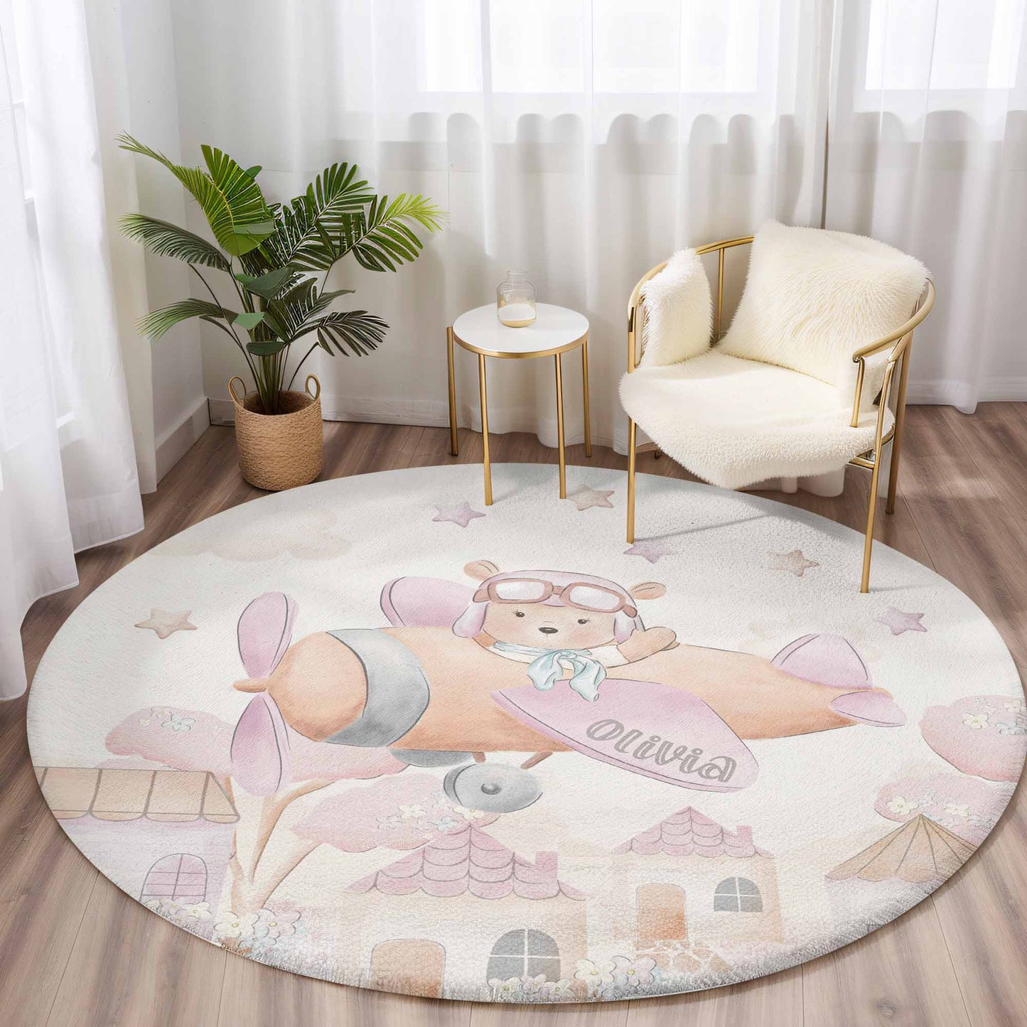 Little Pilot Flying Plane Round Rug
