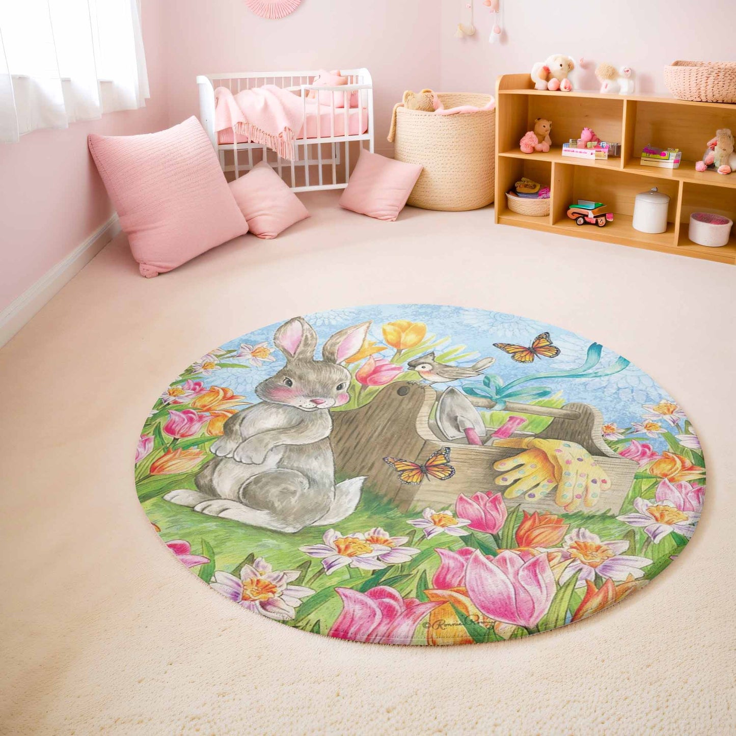 Spring Floral Bunny Round Rug