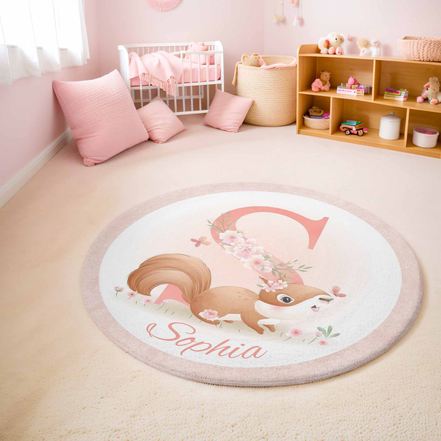 Baby Squirrel Alphabet Round Rug