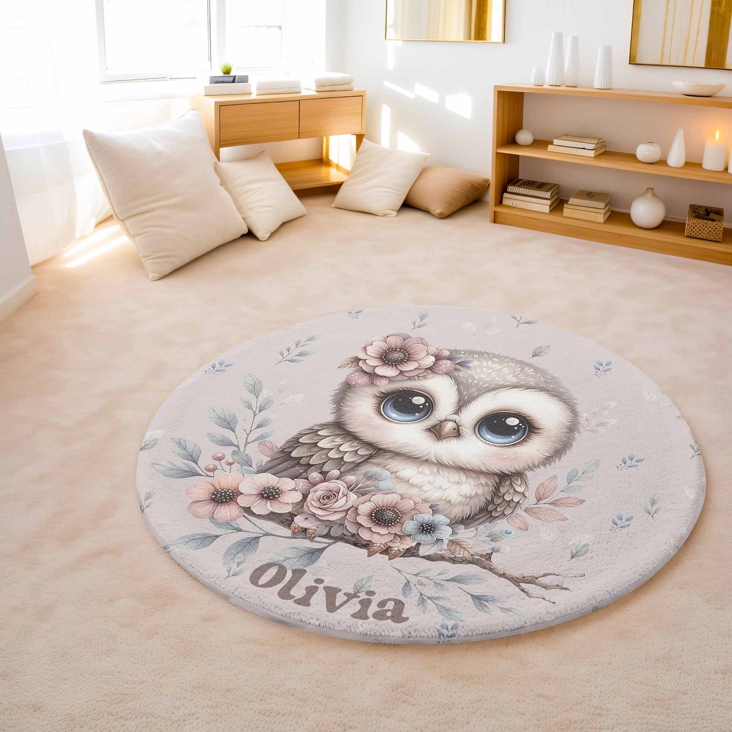 Spring Floral Owl Round Rug