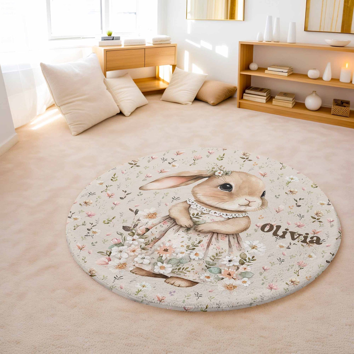 Spring Floral Bunny Round Rug