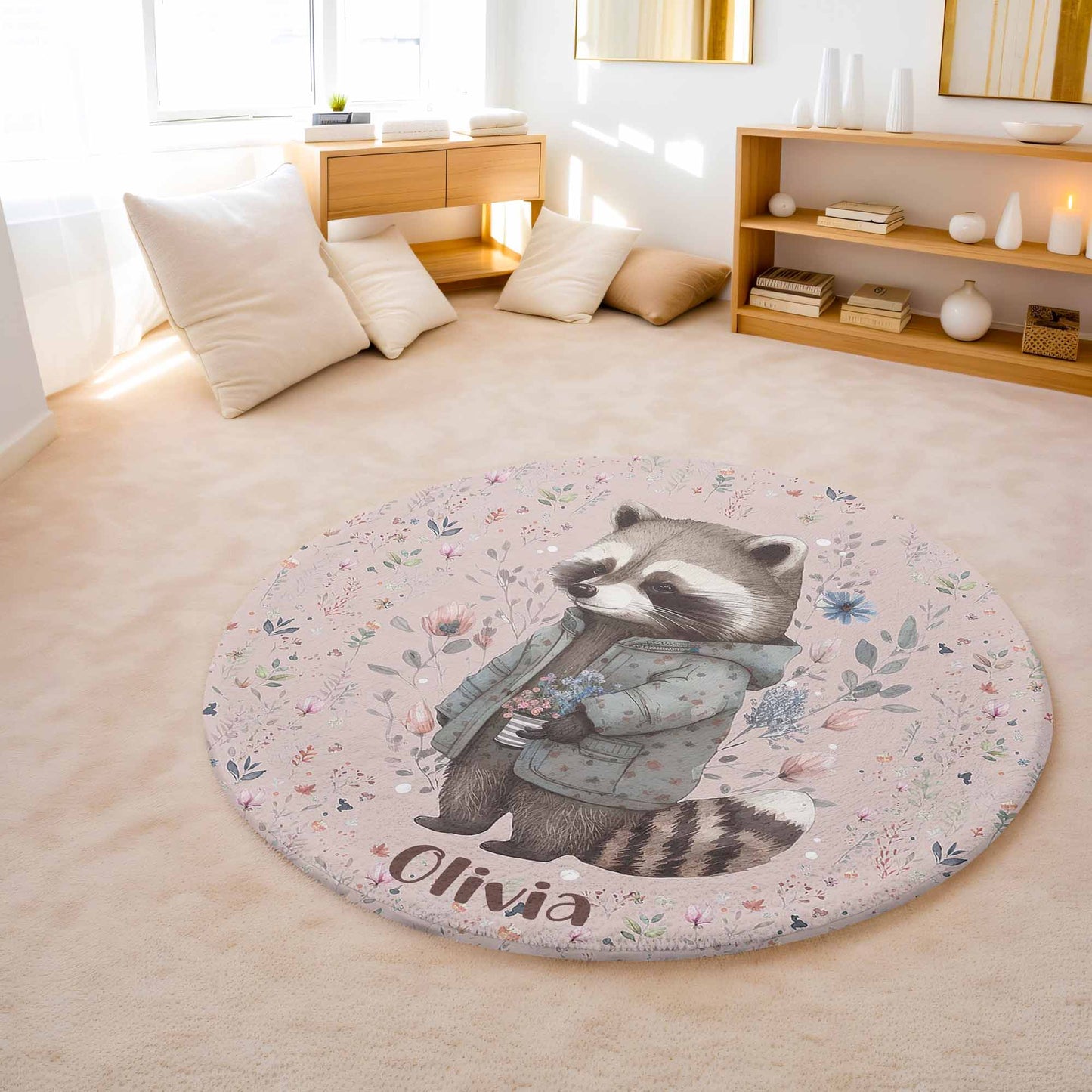 Floral Raccoon Round Rug
