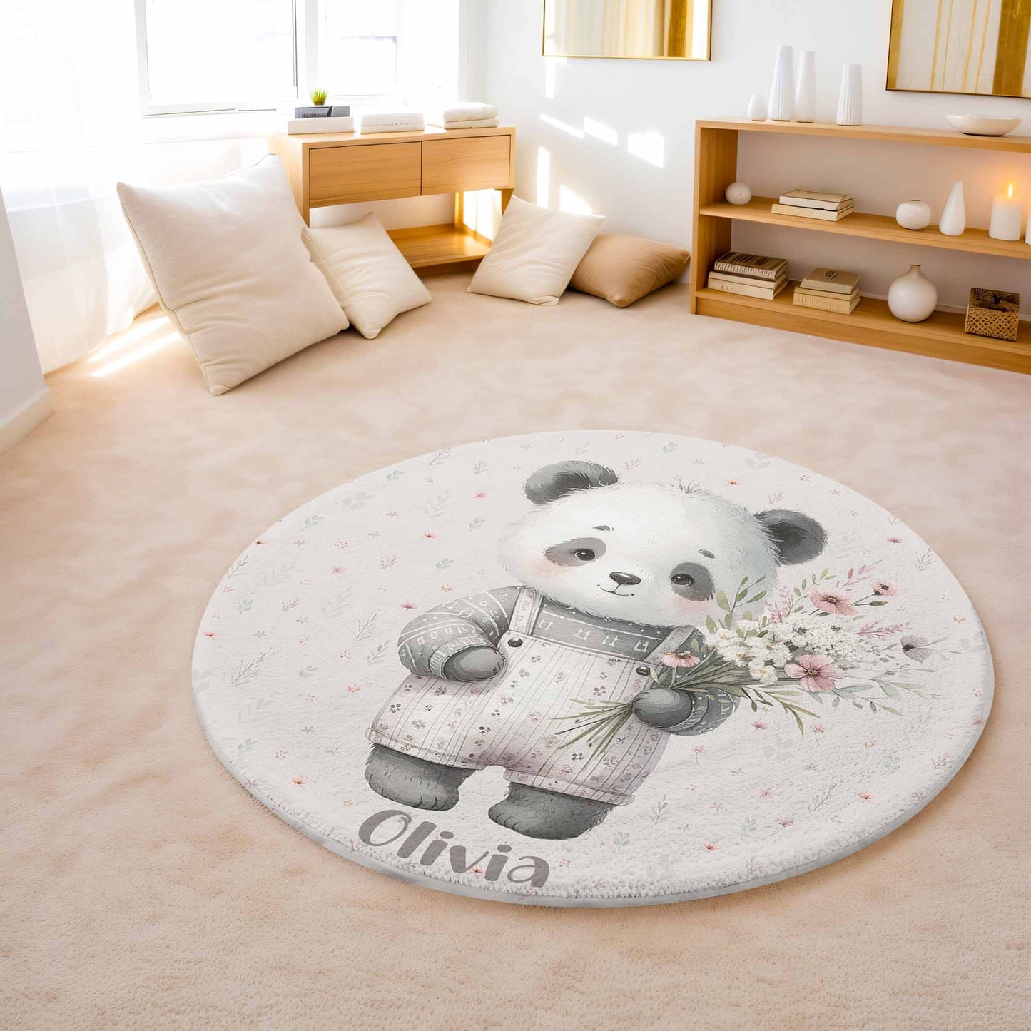 Spring Floral Panda Round Rug