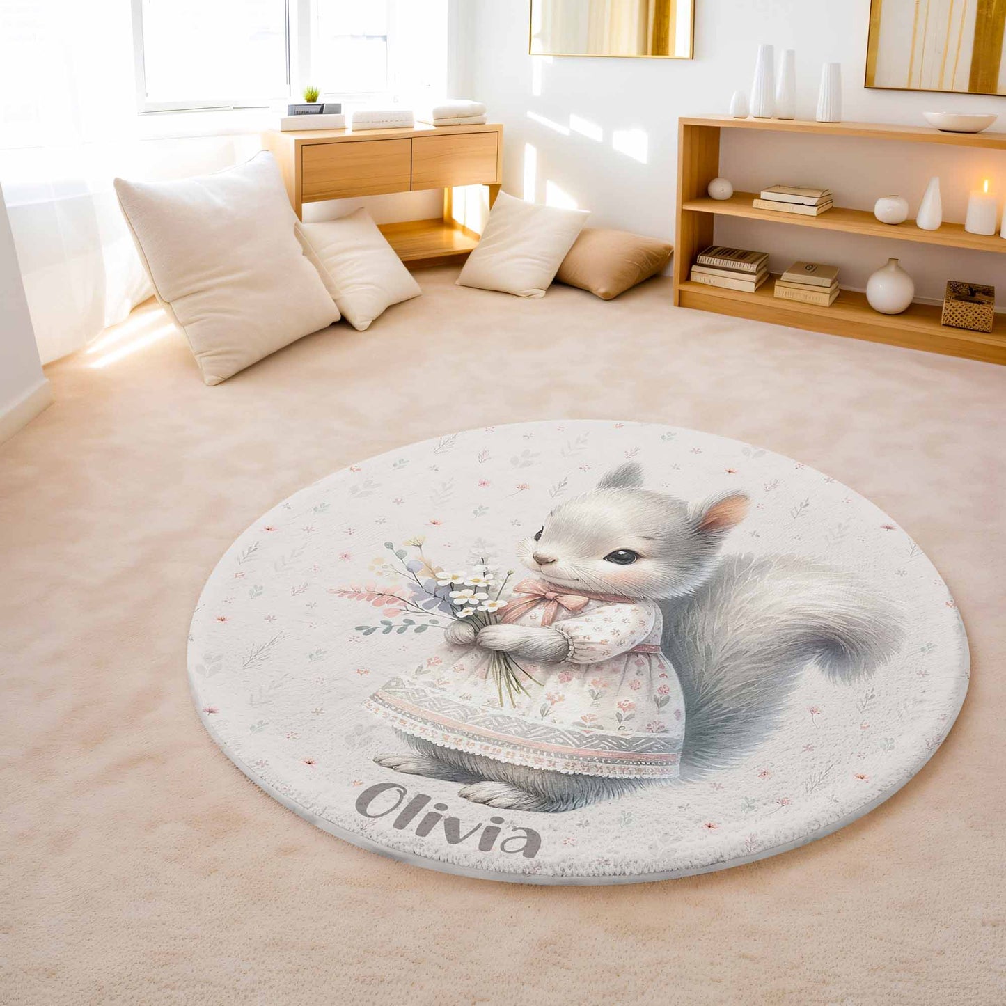 Spring Floral Squirrel Round Rug