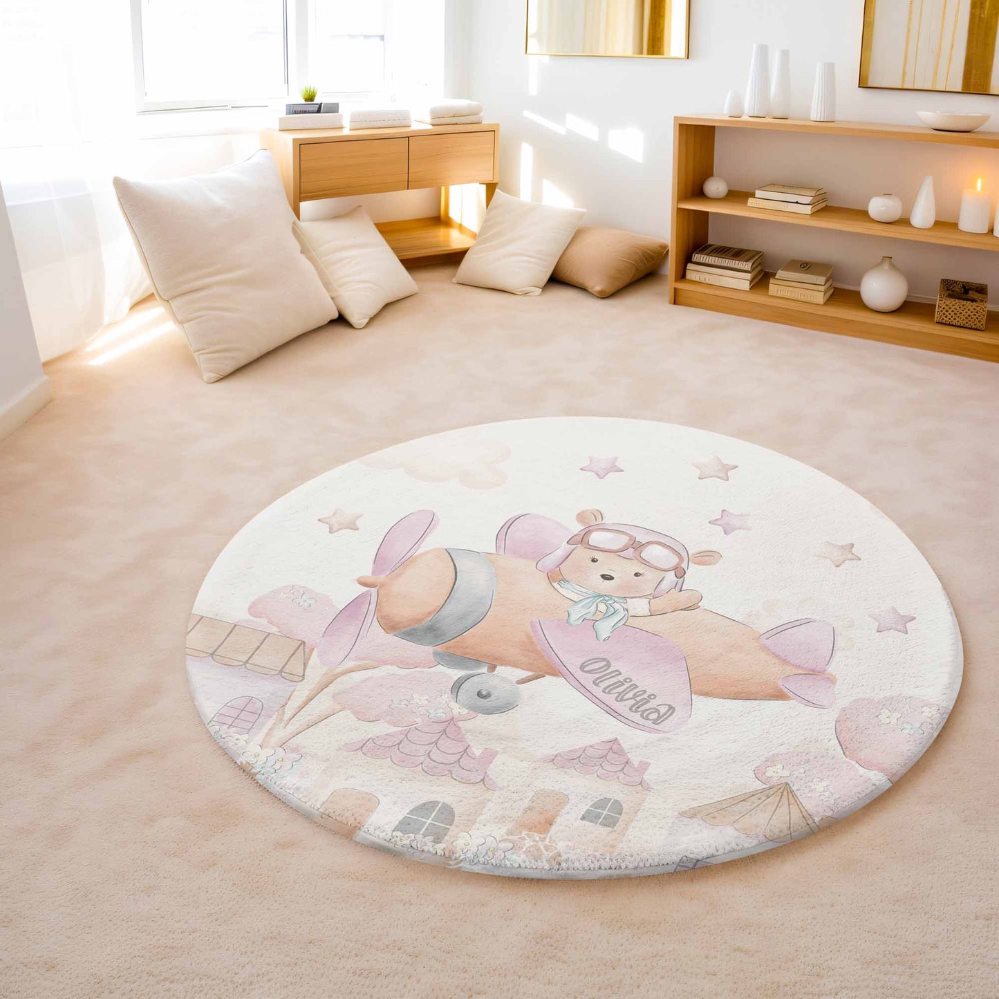 Little Pilot Flying Plane Round Rug