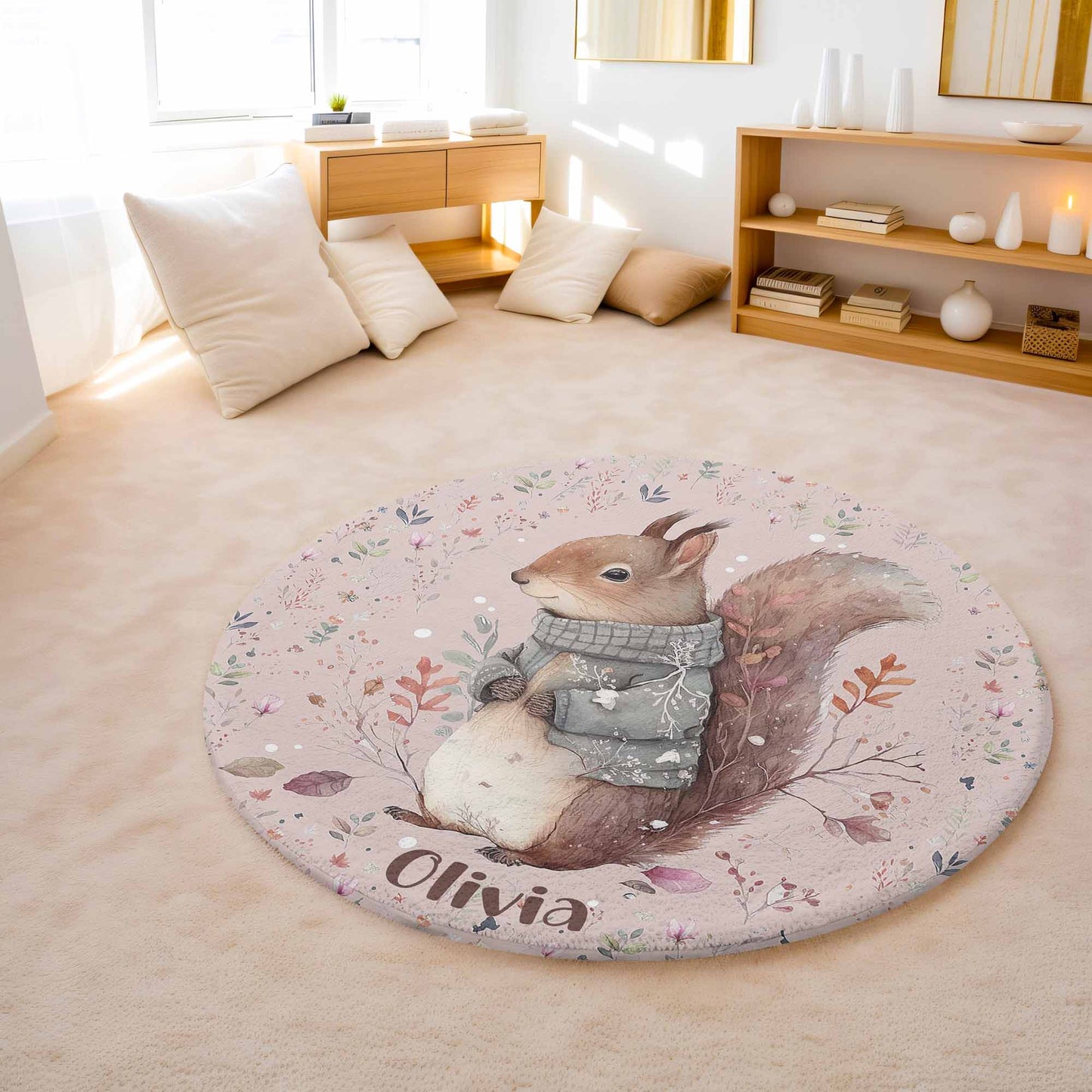 Floral Squirrel Round Rug