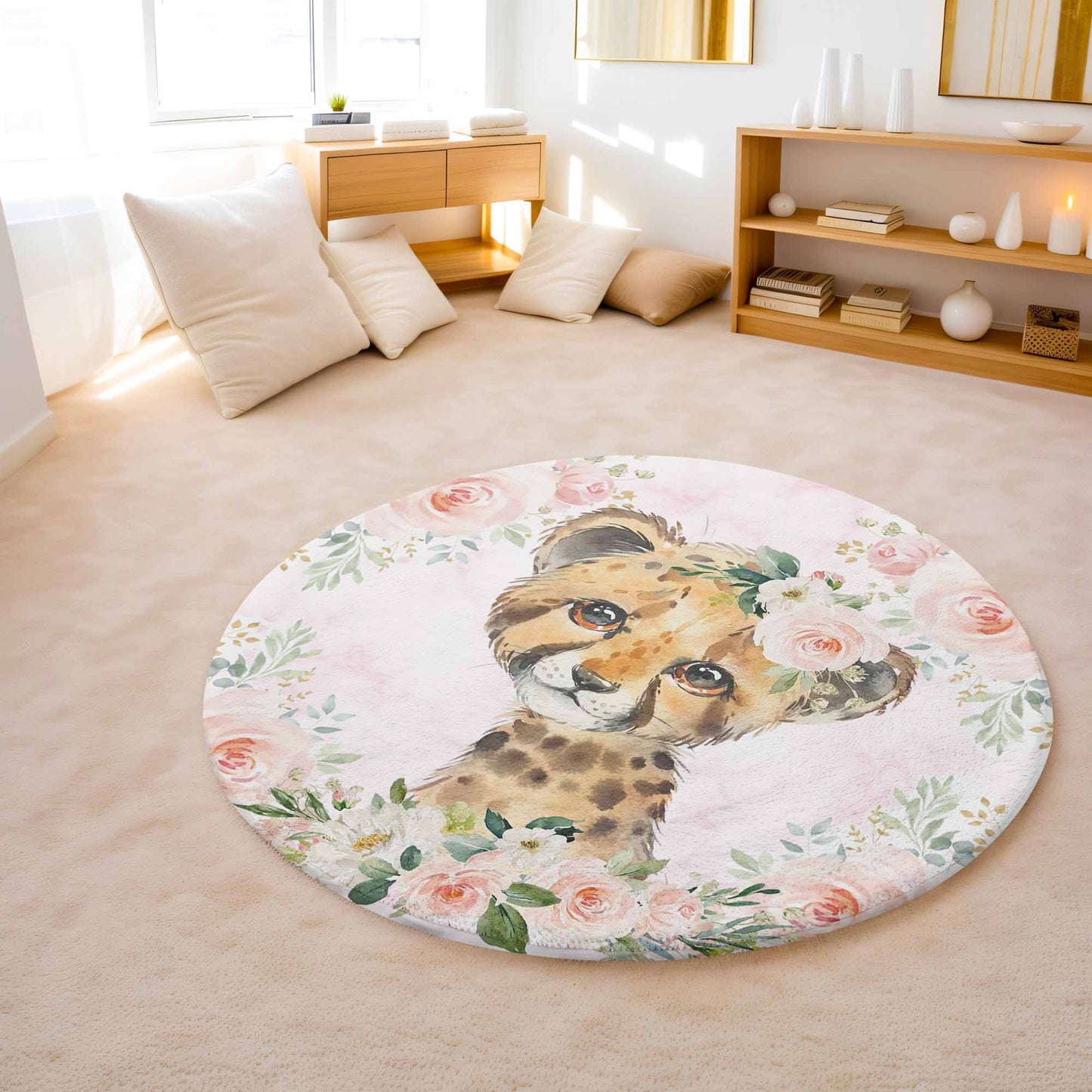 Baby Leopard Rose Floral Round Rug