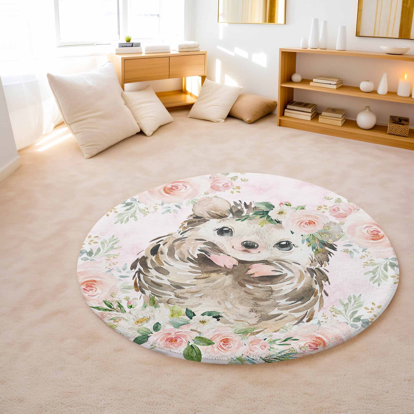 Hedgehog Rose Floral Round Rug