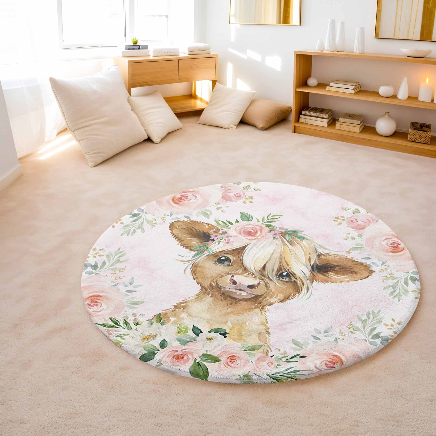 Highland Cow Rose Floral Round Rug