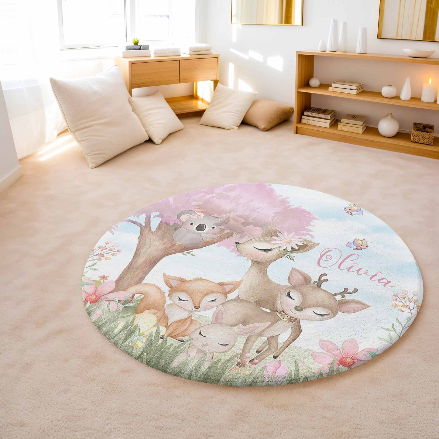 Woodland Animals Floral Round Rug