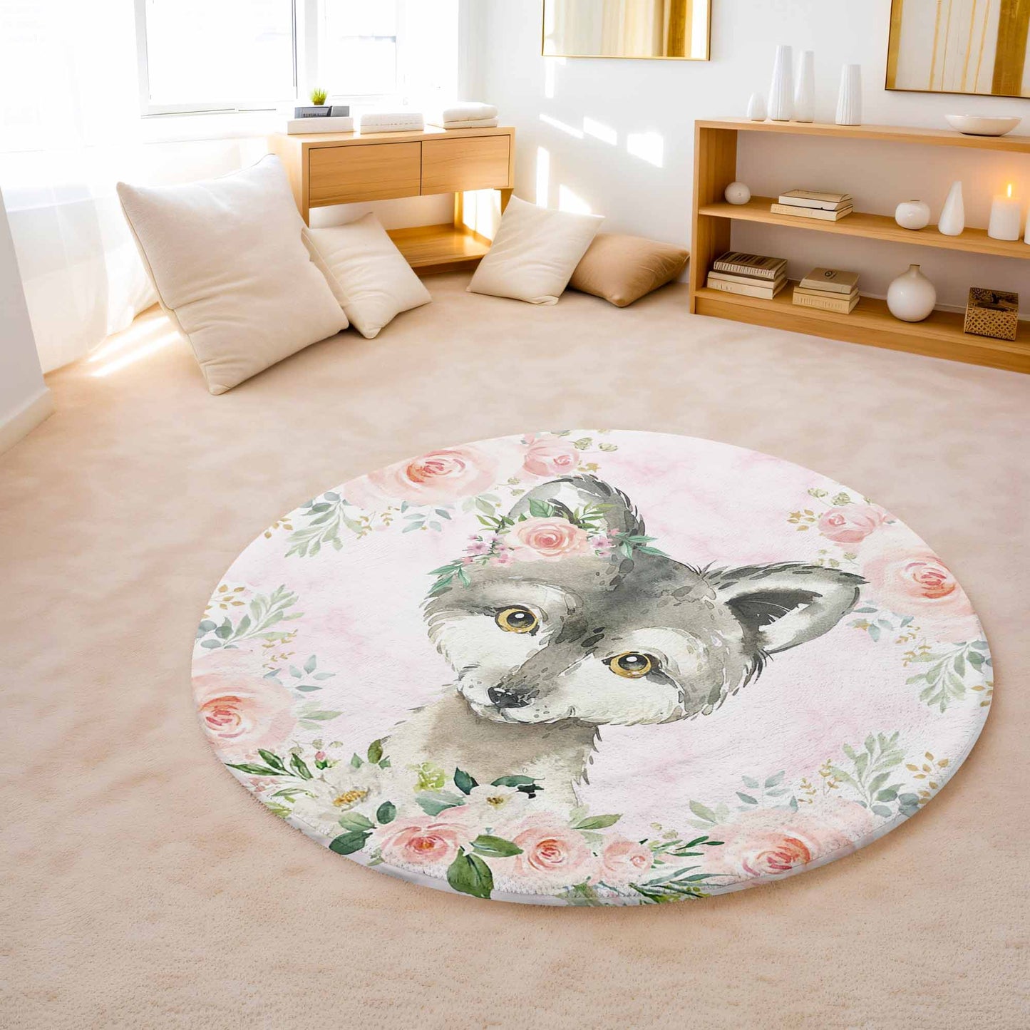 Baby Wolf Rose Floral Round Rug