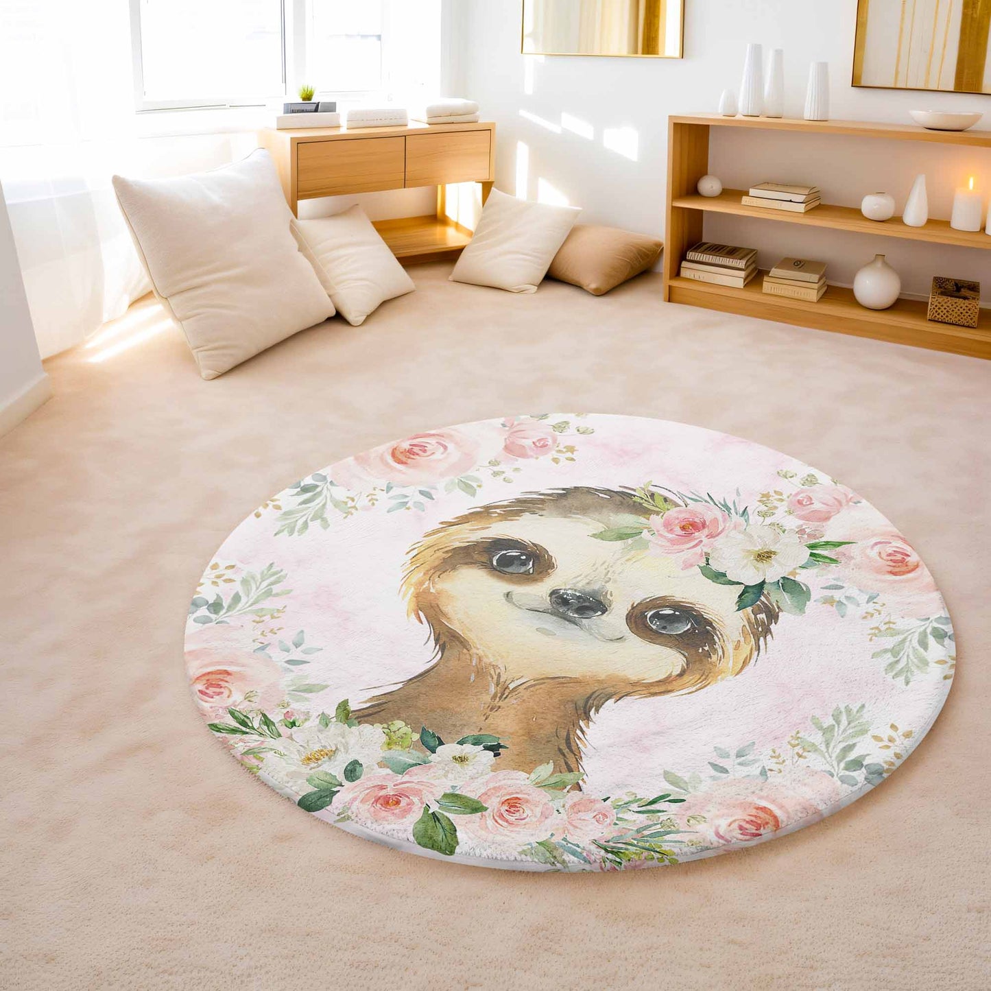 Baby Sloth Rose Floral Round Rug