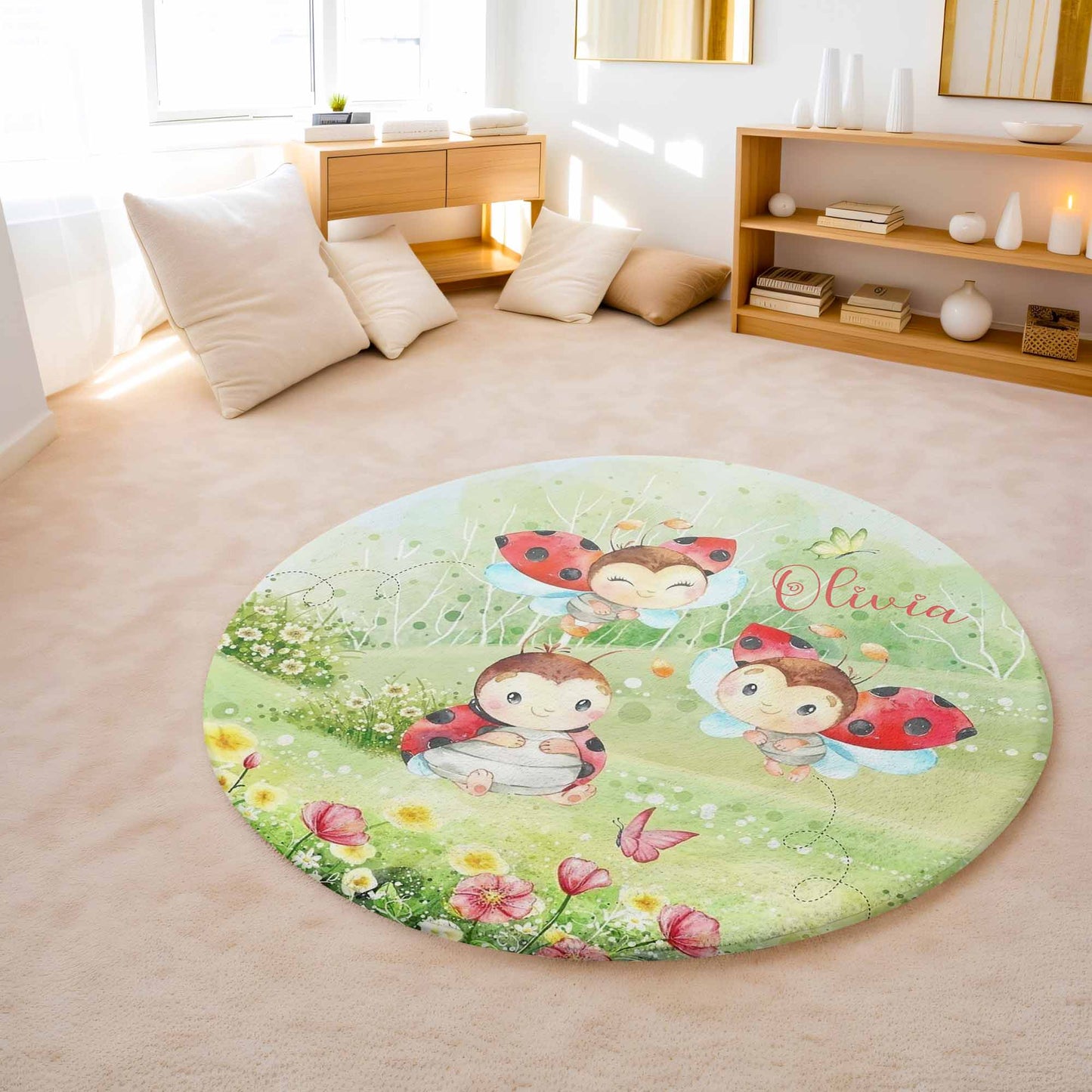Ladybug Floral Round Rug