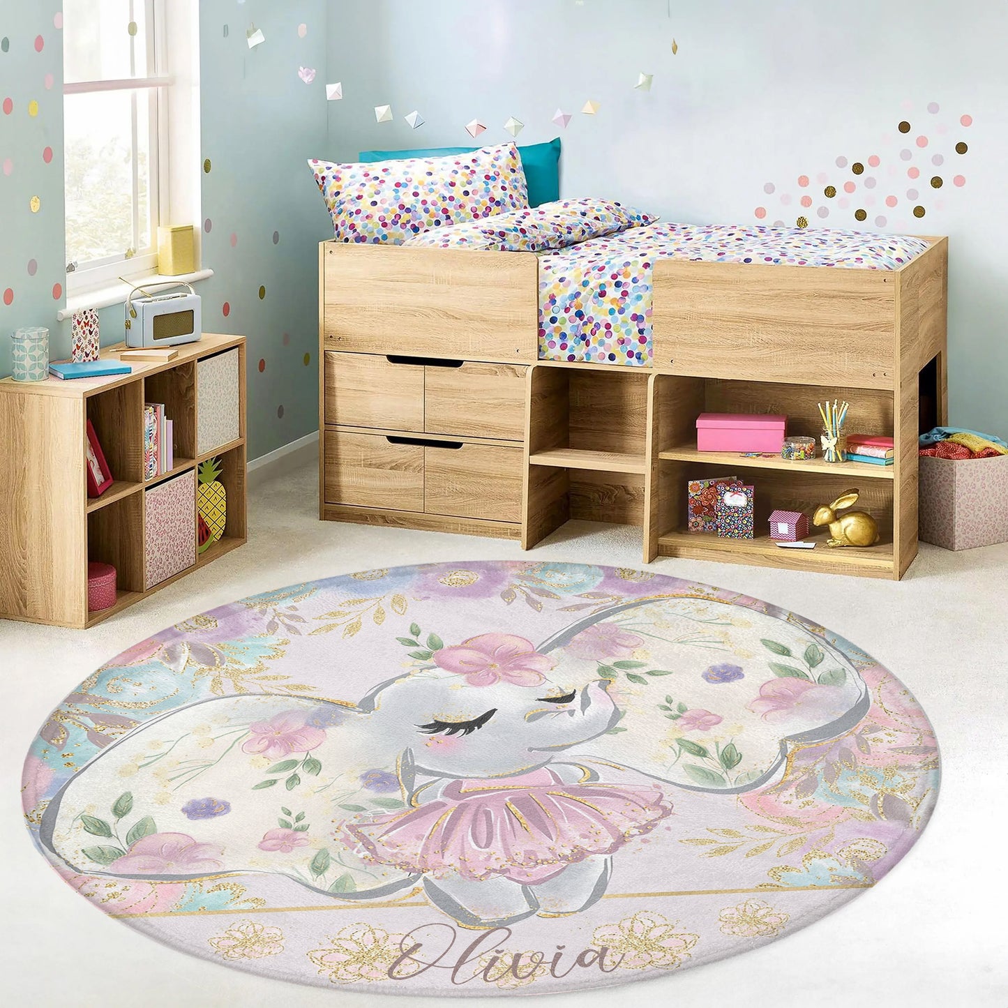 Ballerina Elephant Floral Round Rug