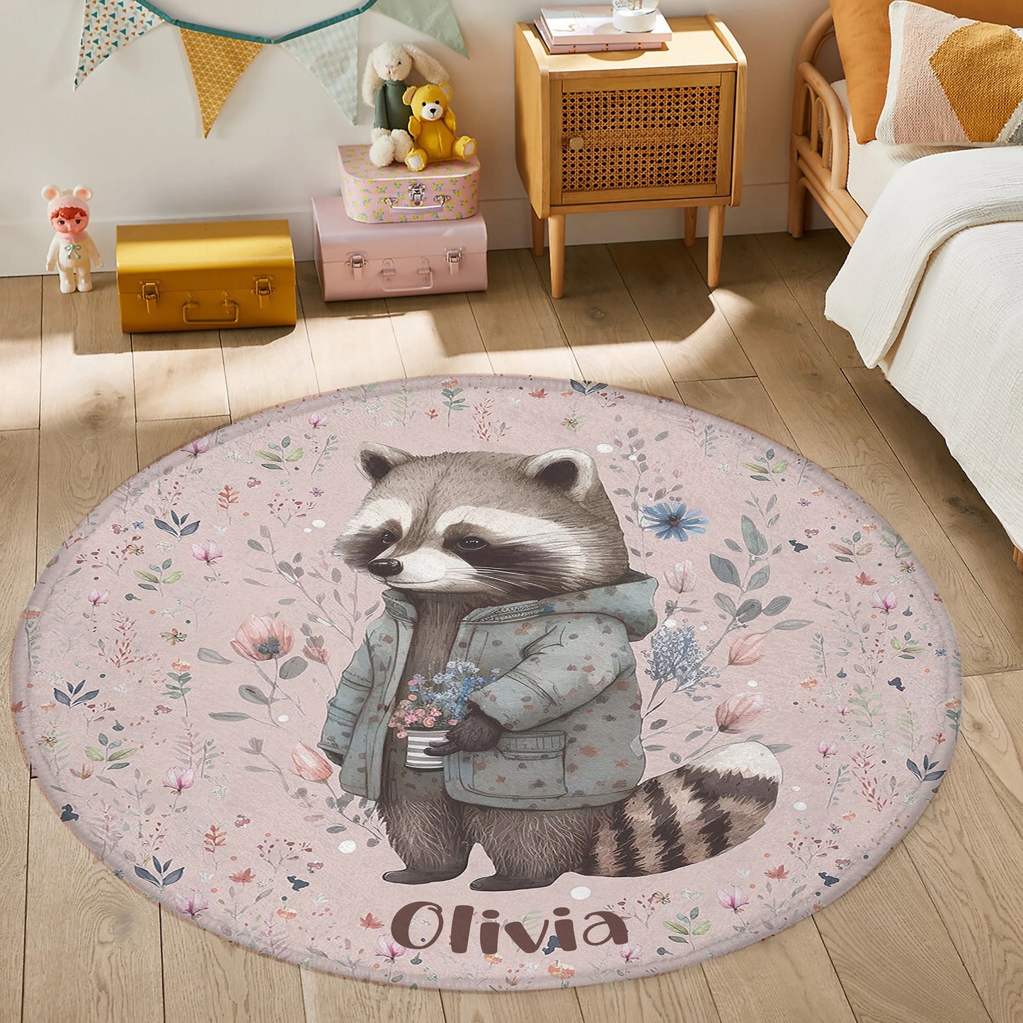 Floral Raccoon Round Rug