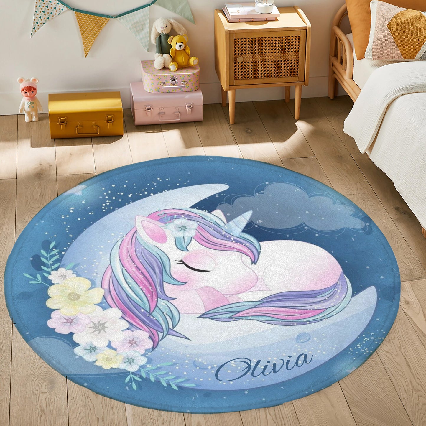 Baby Unicorn Floral Moon Round Rug