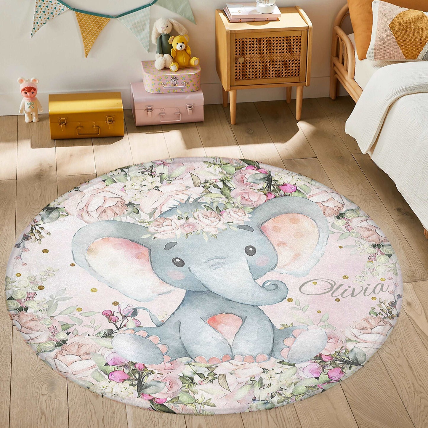 Baby Elephant Rose Floral Round Rug