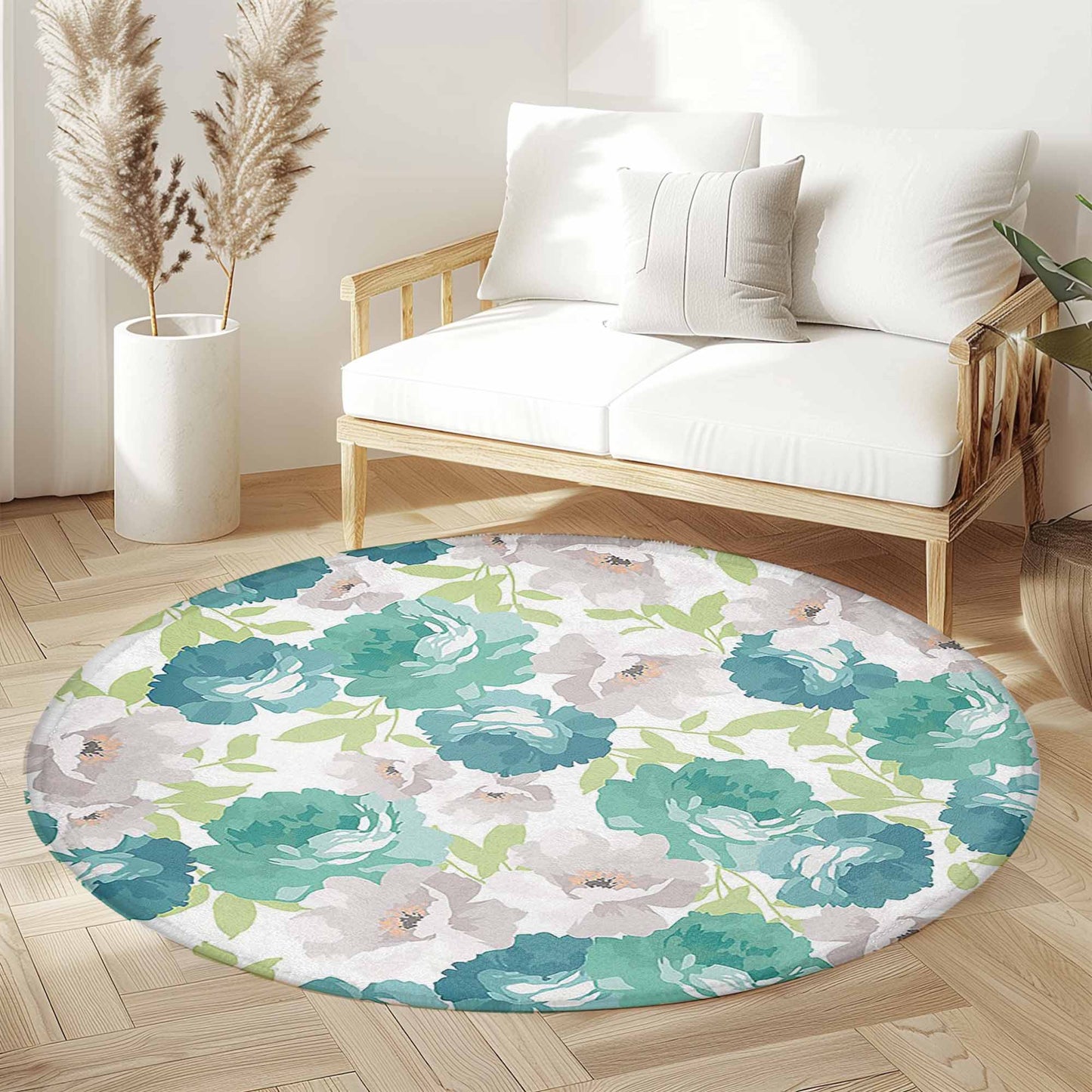 Green White Floral Round Rug