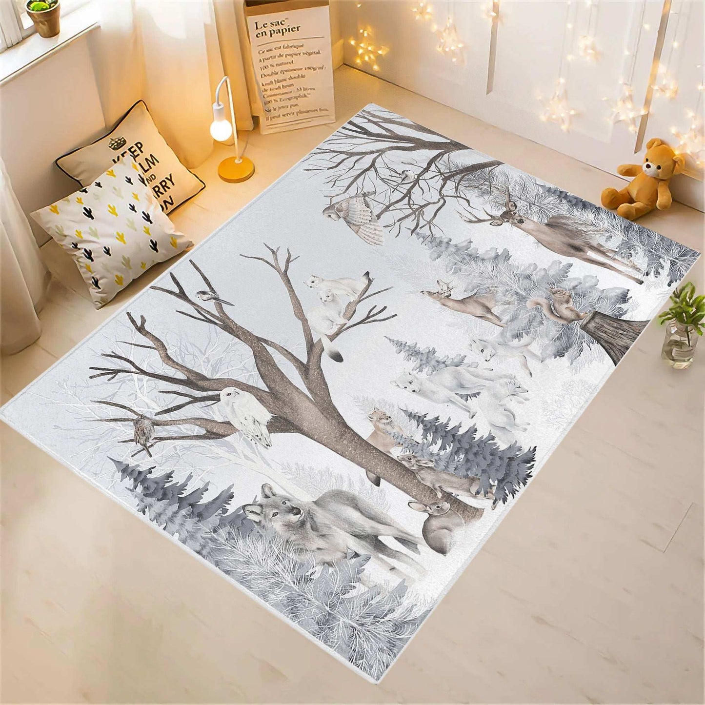 Winter Woodland Animals Nursery Rug