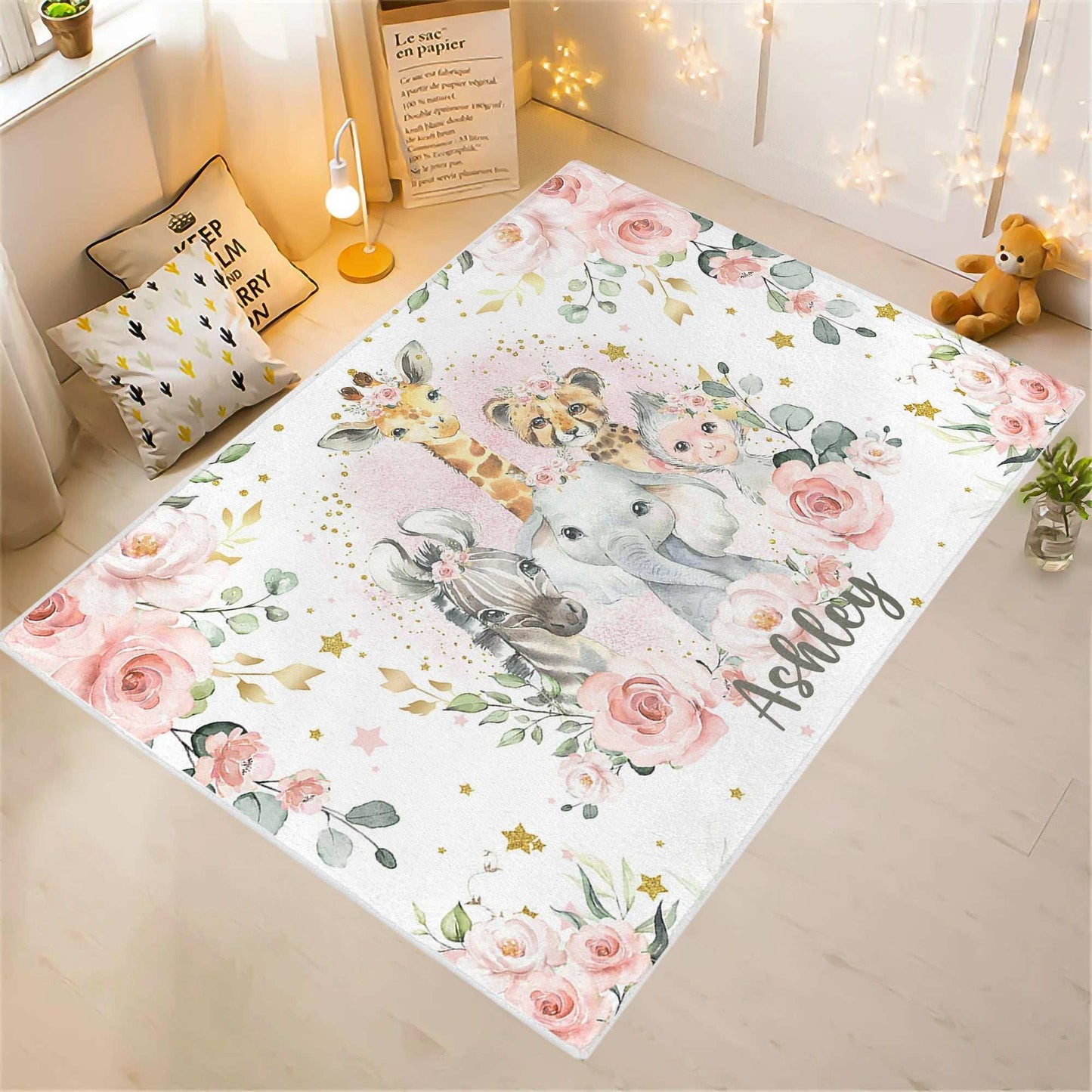 Safari Animals Rose Floral Rug
