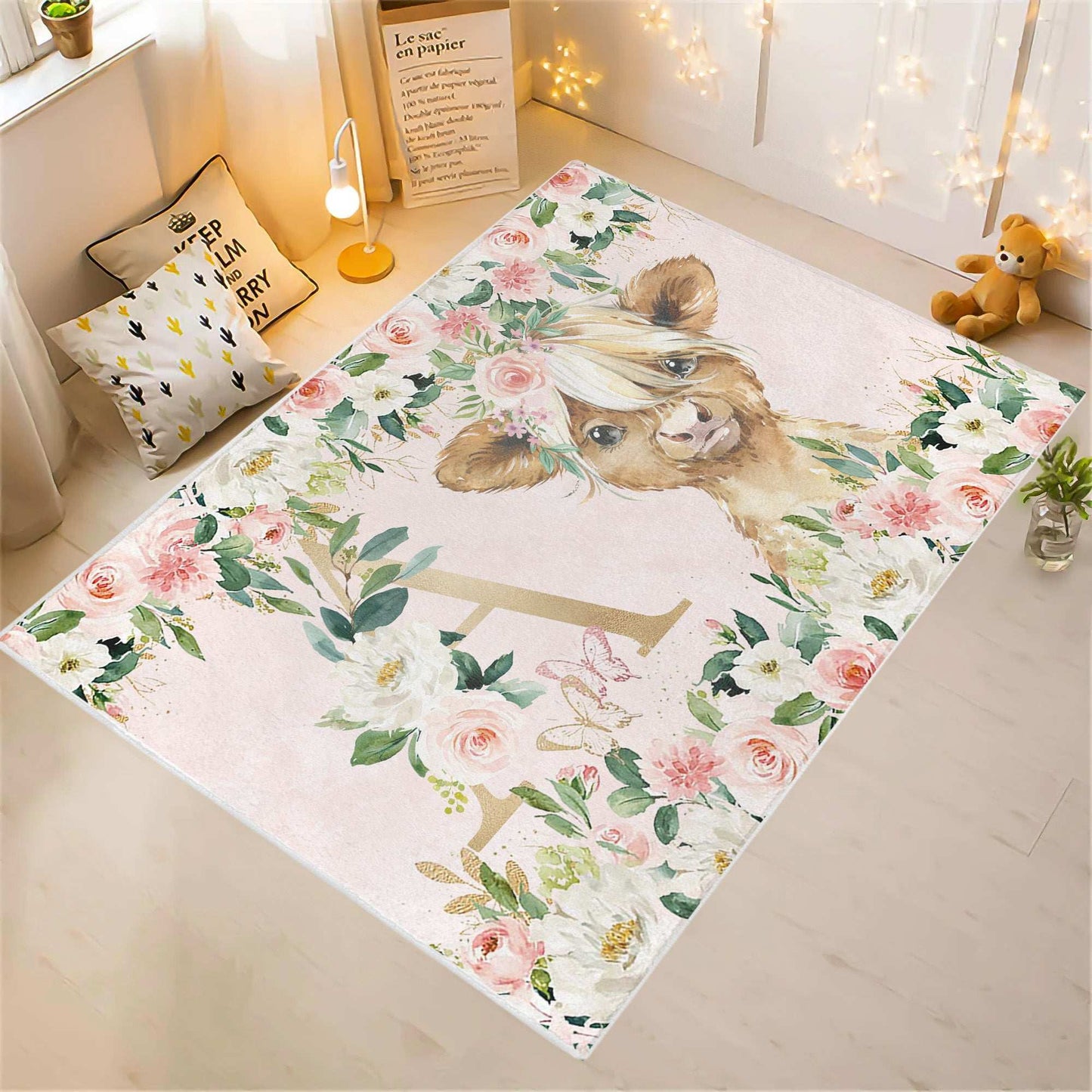 Highland Cow Rose Floral Rug