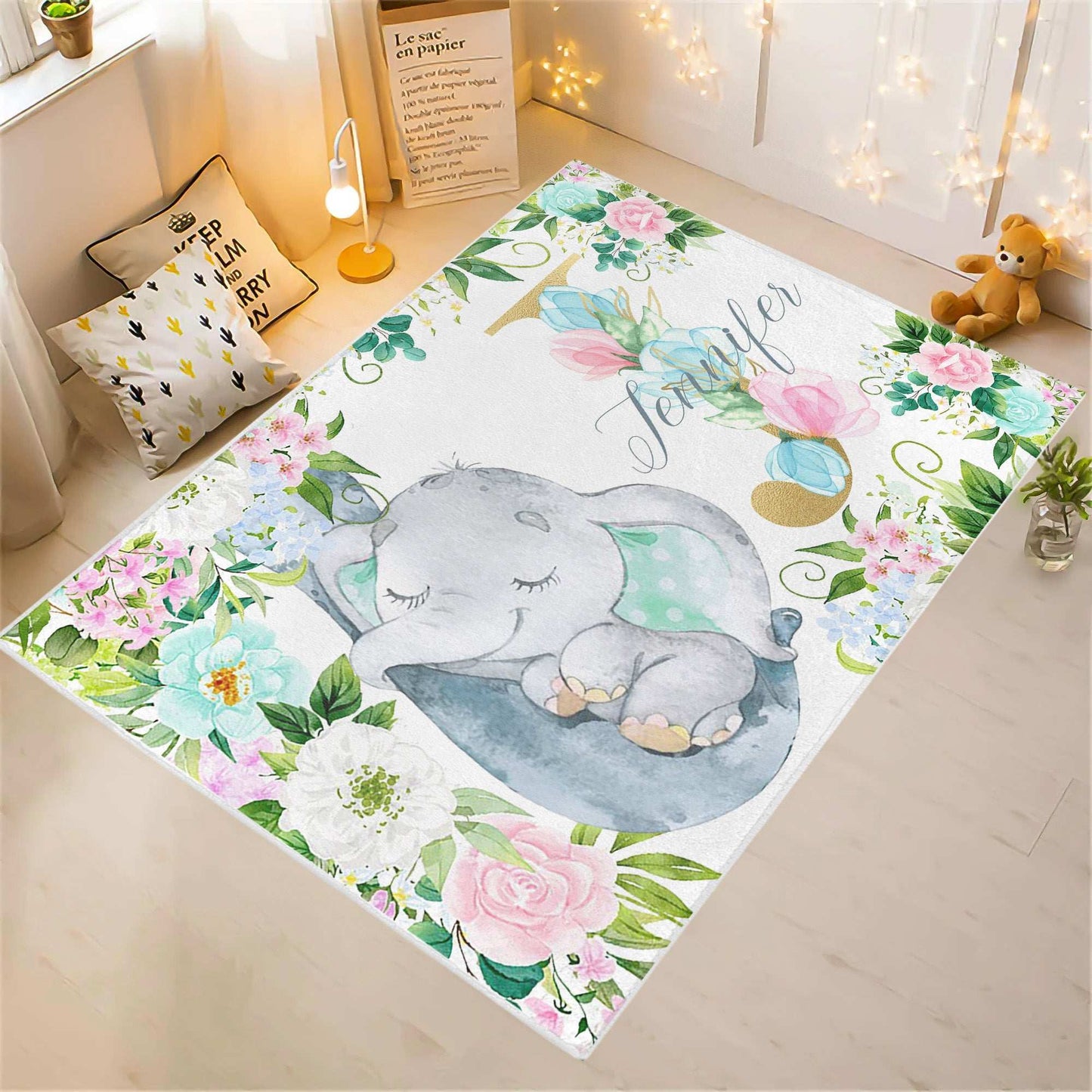 Floral Elephant Nursery Rug