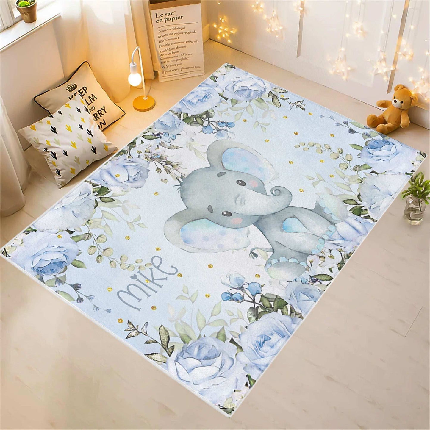 Little Elephant Floral Nursery Rug