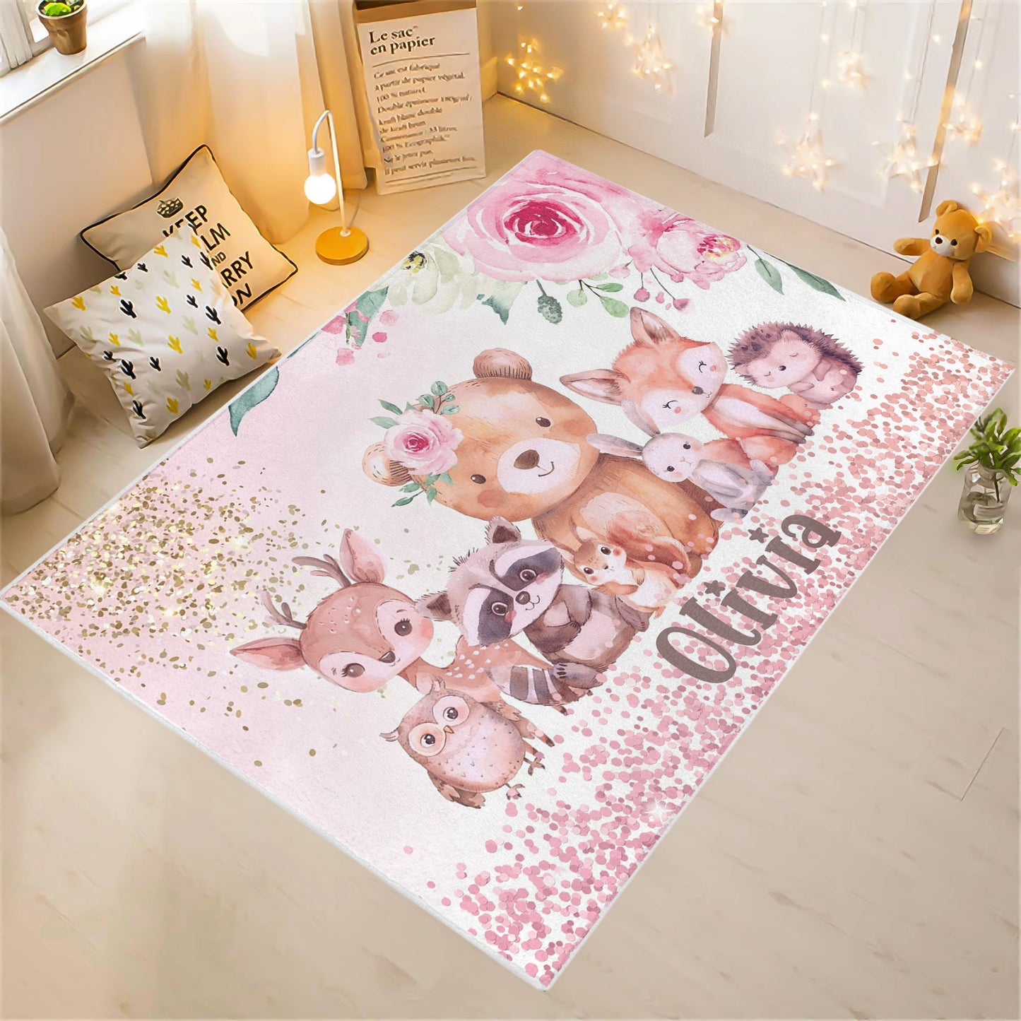 Floral Woodland Animals Playroom Rug