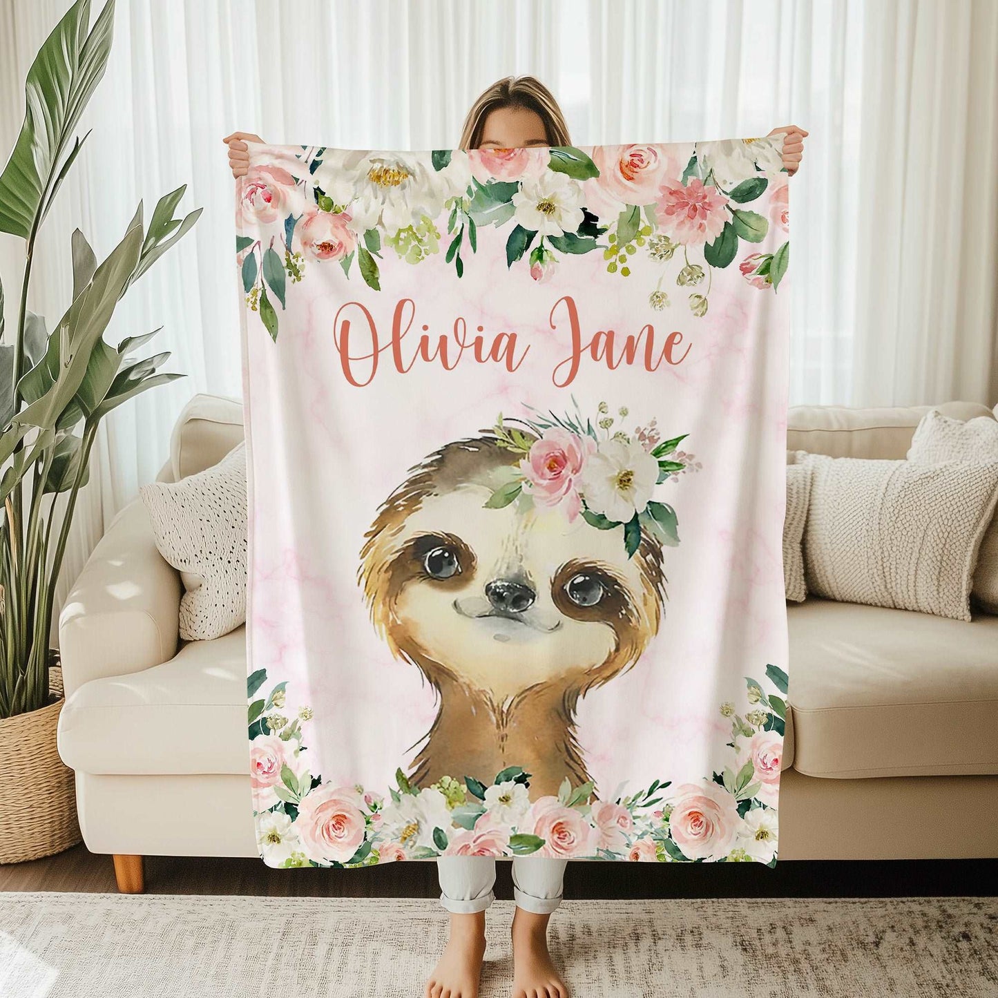 Sloth Rose Floral Blanket