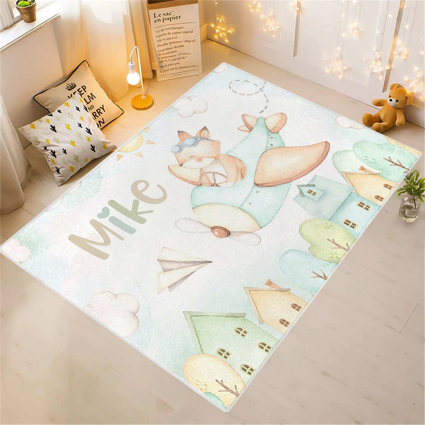 Fox Flying Plane Nursery Rug