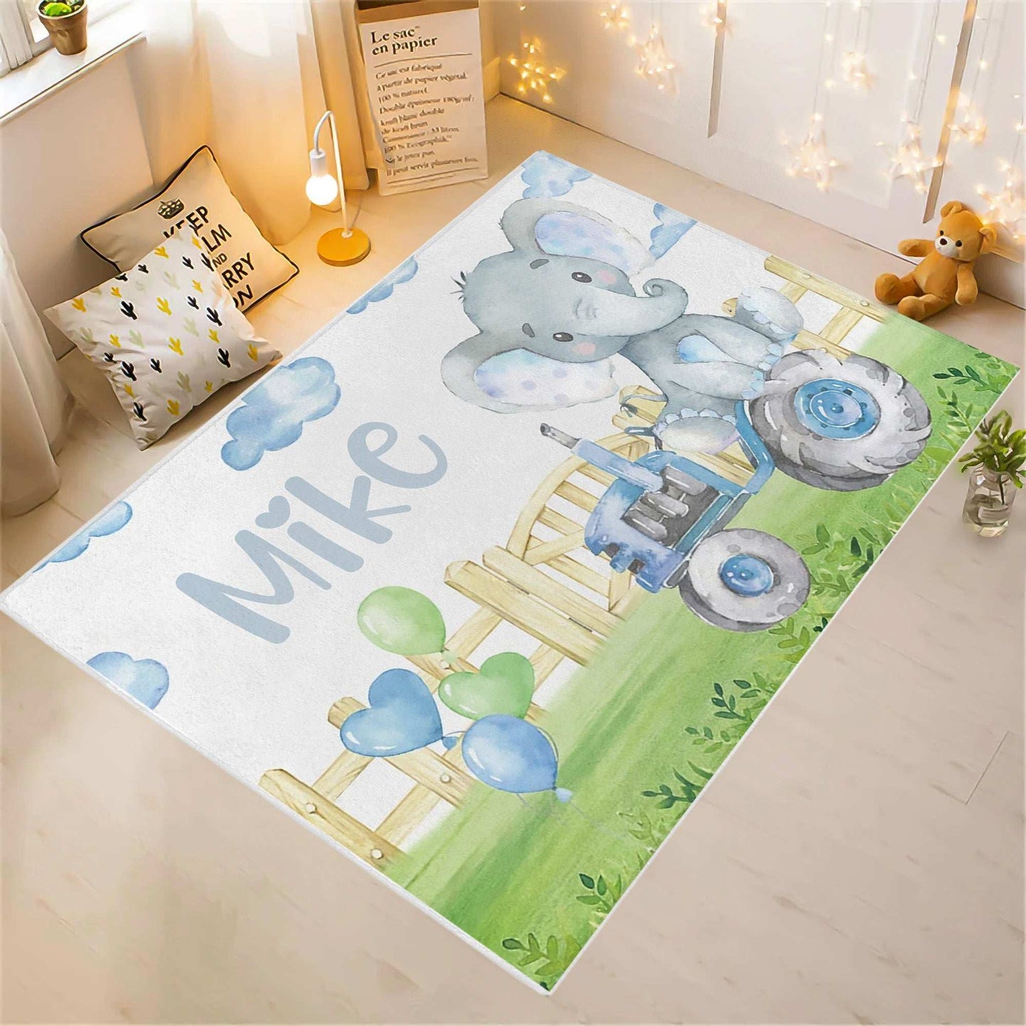 Little Elephant Mower Nursery Rug